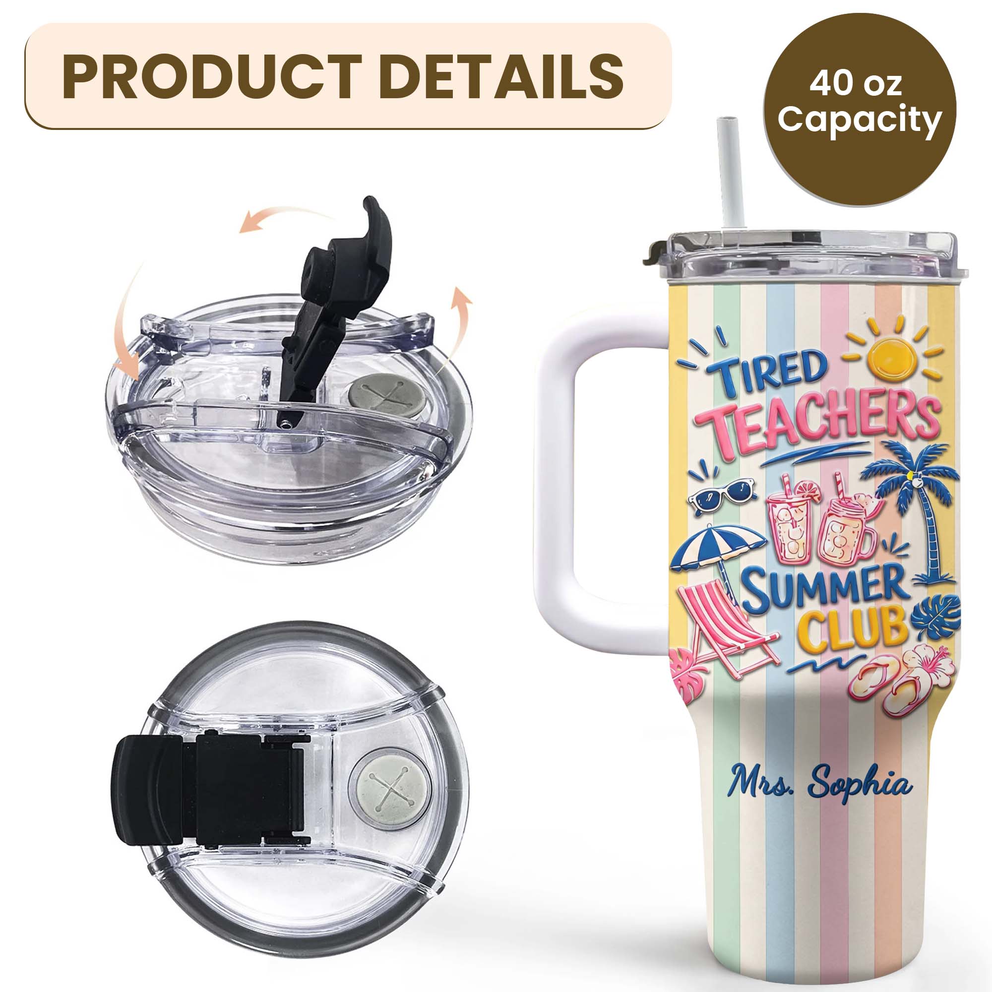 Personalized 40oz Tumbler with Beach Design Custom Name Gift for Teachers
