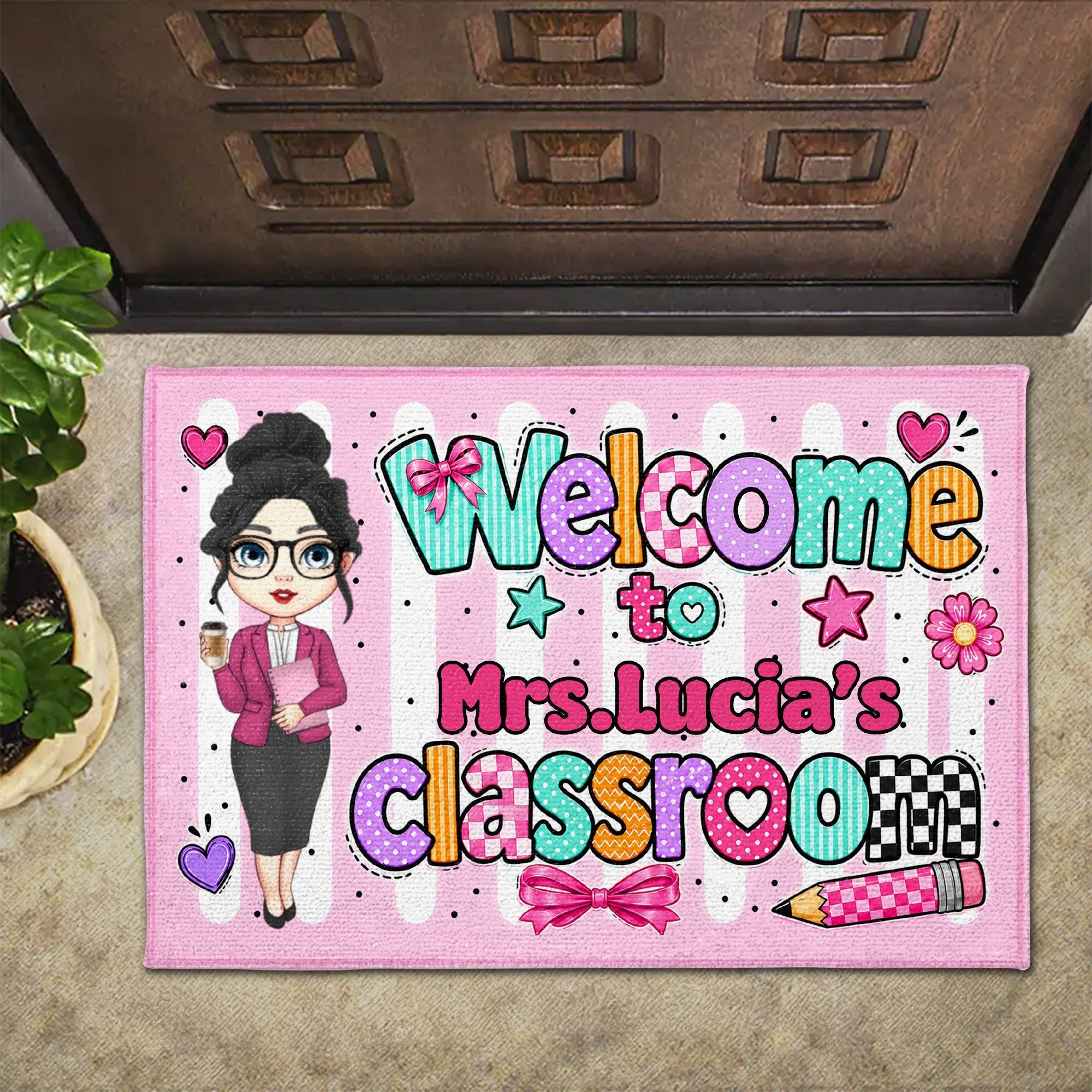 Personalized Doormat Teacher Character Custom Name Gift