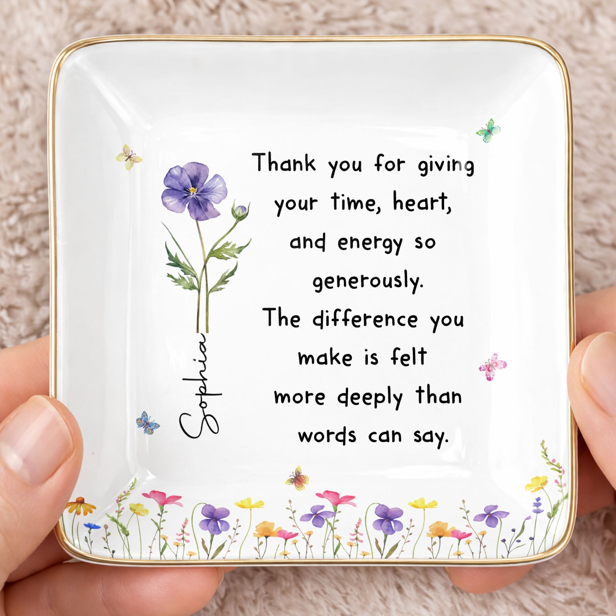 Personalized Custom Jewelry Dish with Birth Month Flower Gift for Teacher