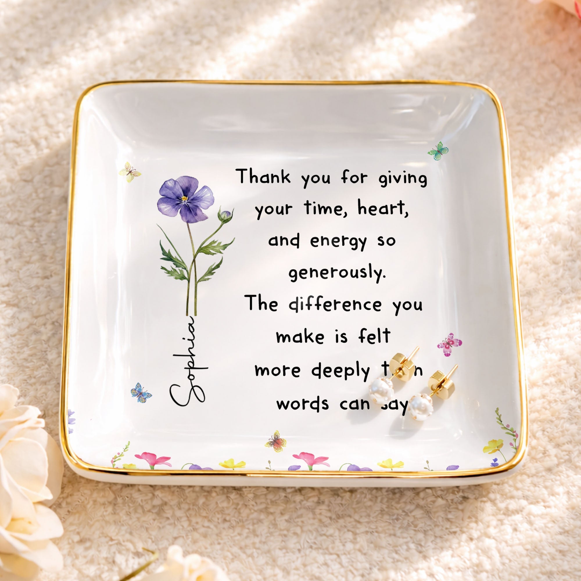 Personalized Custom Jewelry Dish with Birth Month Flower Gift for Teacher