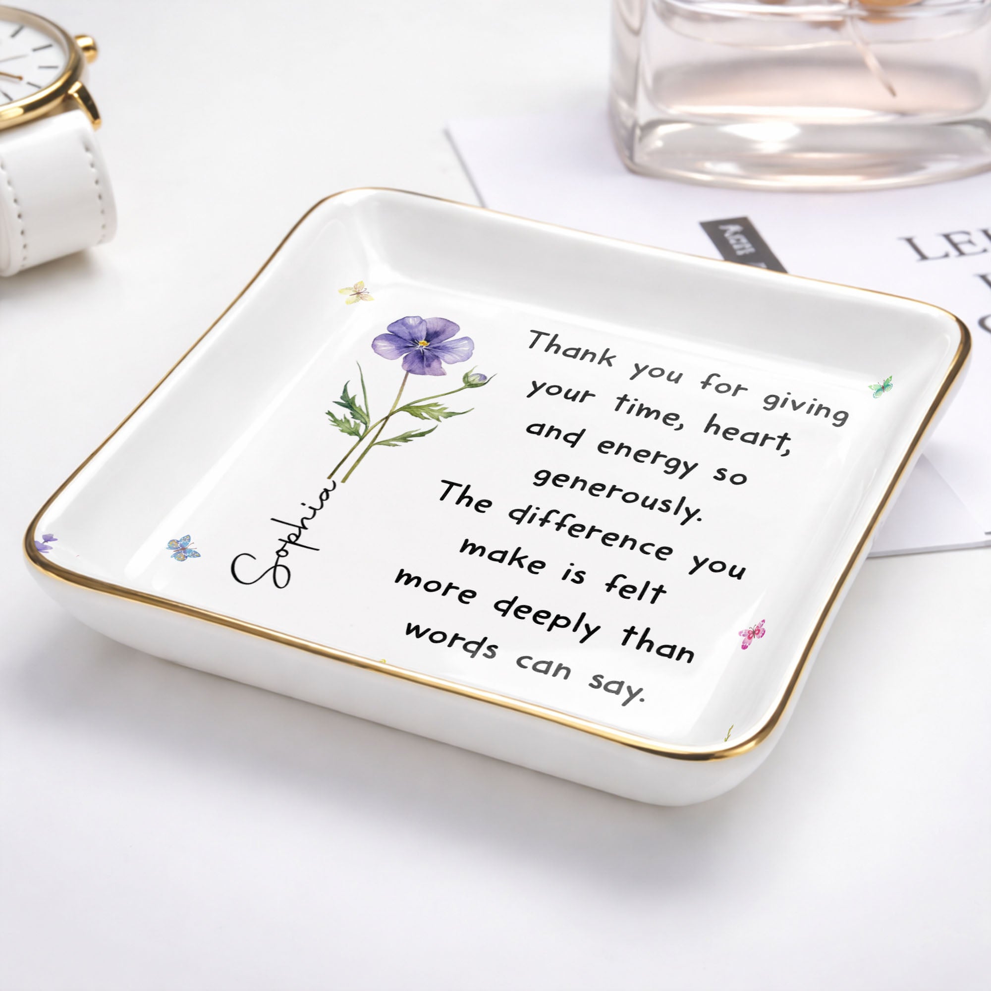 Personalized Custom Jewelry Dish with Birth Month Flower Gift for Teacher