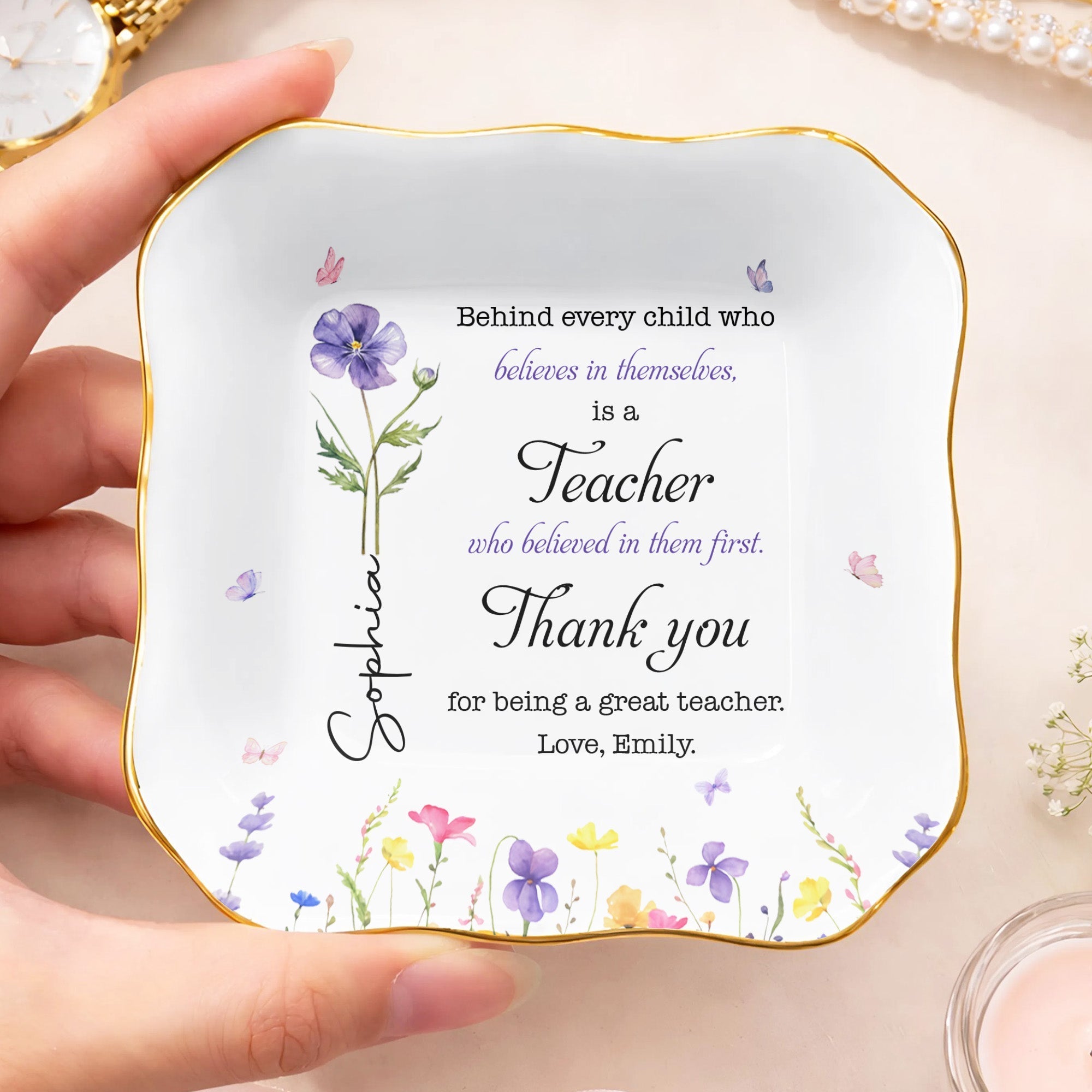 Personalized Lace Square Jewelry Dish Custom Teacher Gift