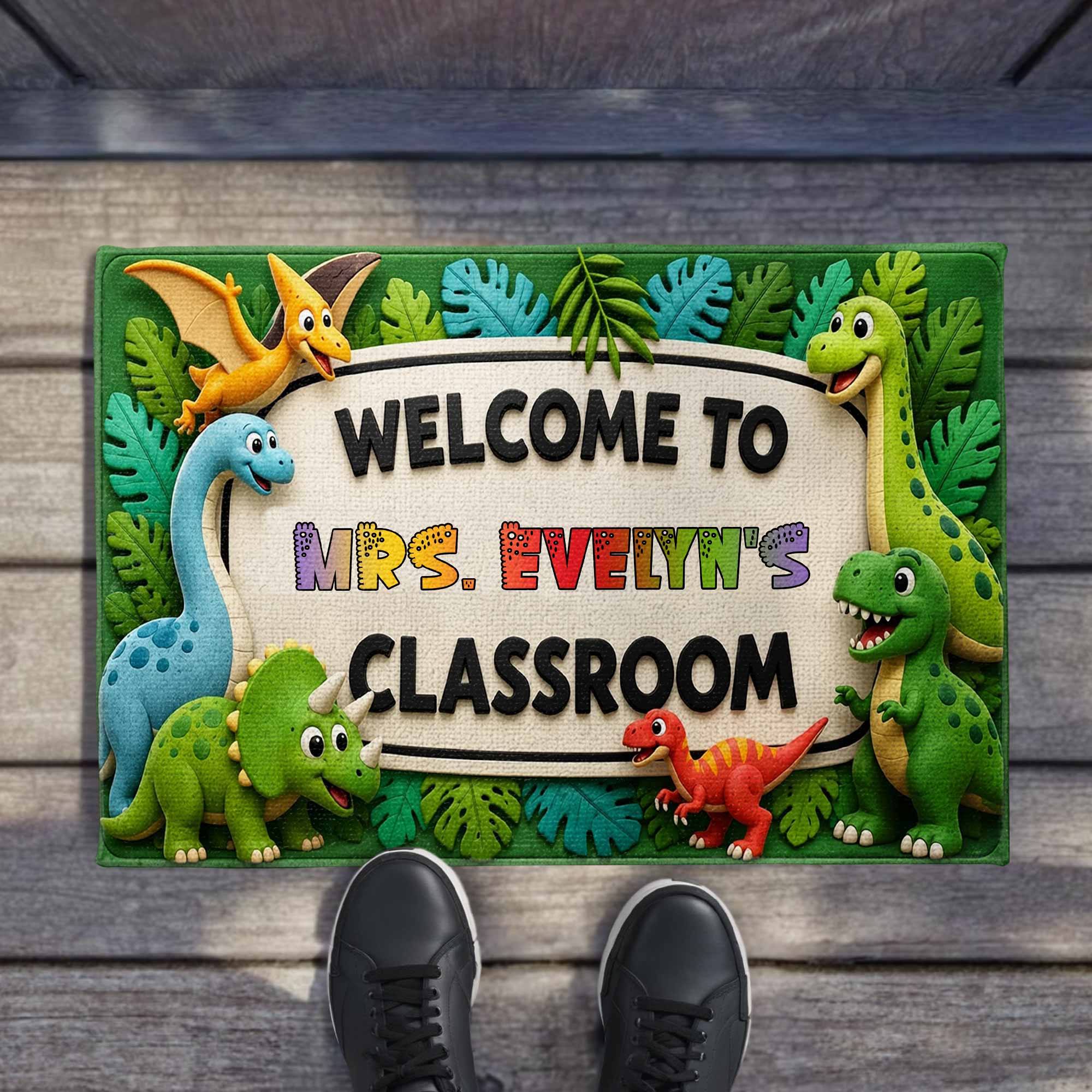 Personalized Classroom Doormat Custom Name Colorful Dinosaurs