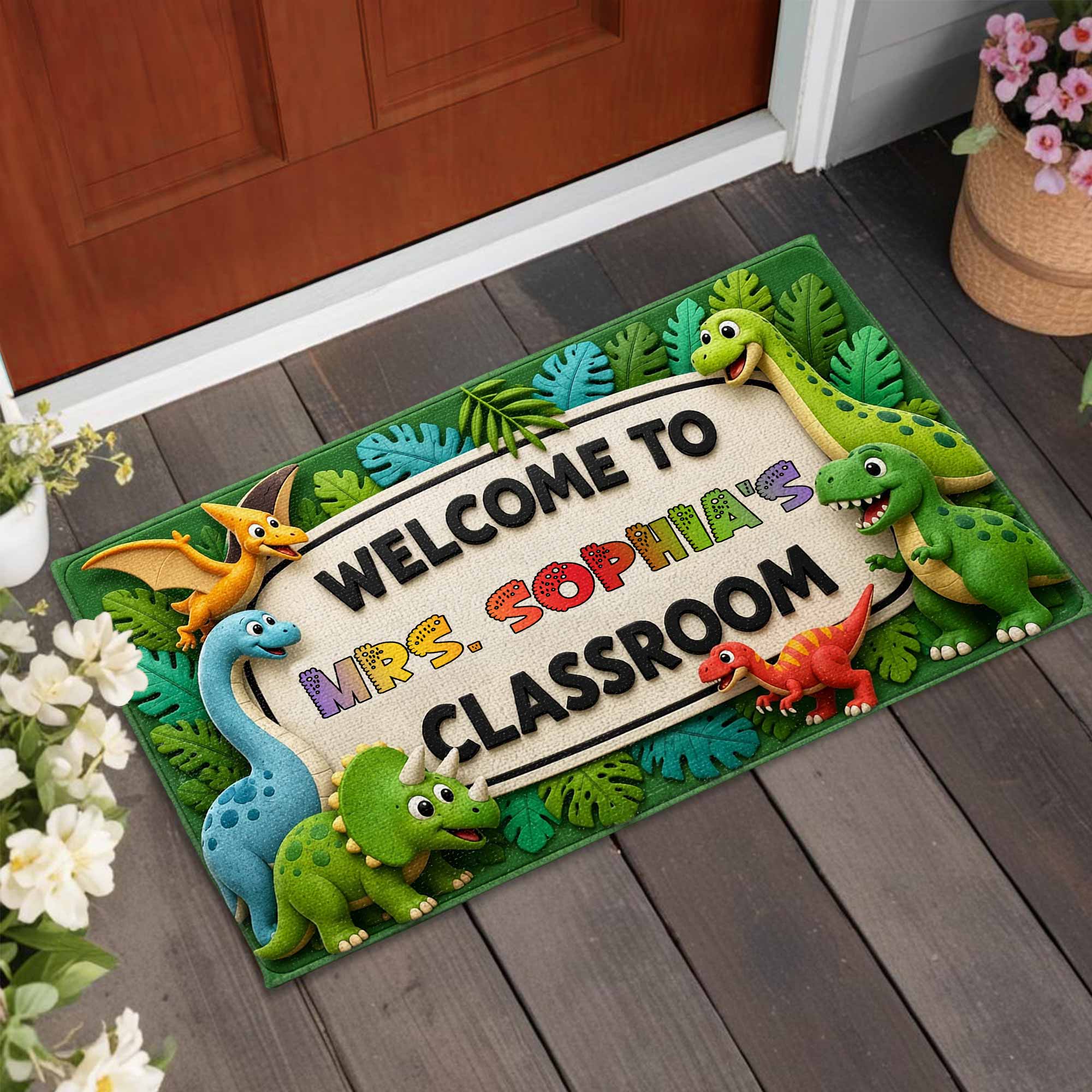 Personalized Classroom Doormat Custom Name Colorful Dinosaurs