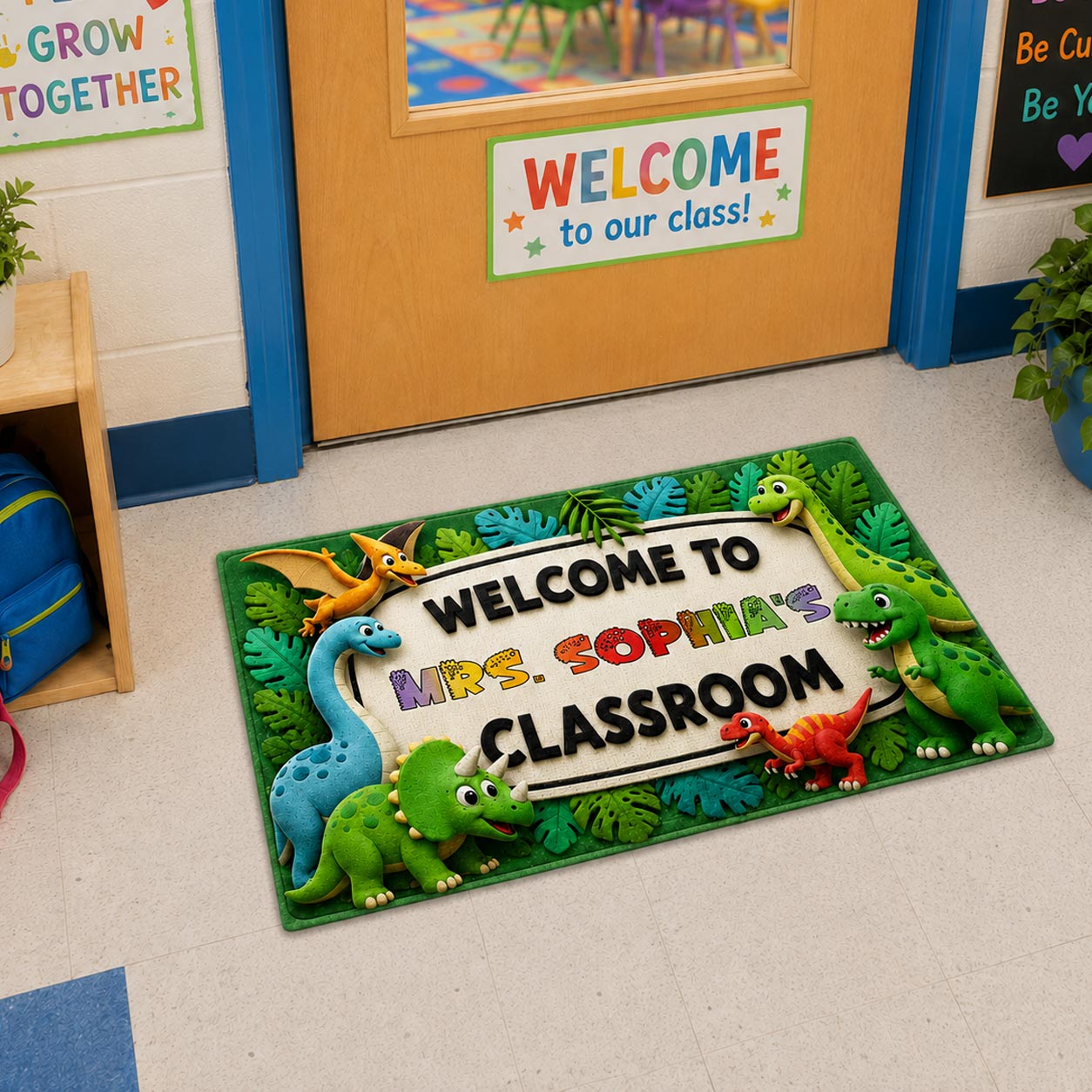 Personalized Classroom Doormat Custom Name Colorful Dinosaurs