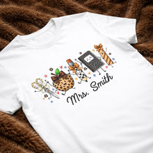 Load image into Gallery viewer, Personalized Teacher T-Shirt Hoodie with Leopard Apple Design
