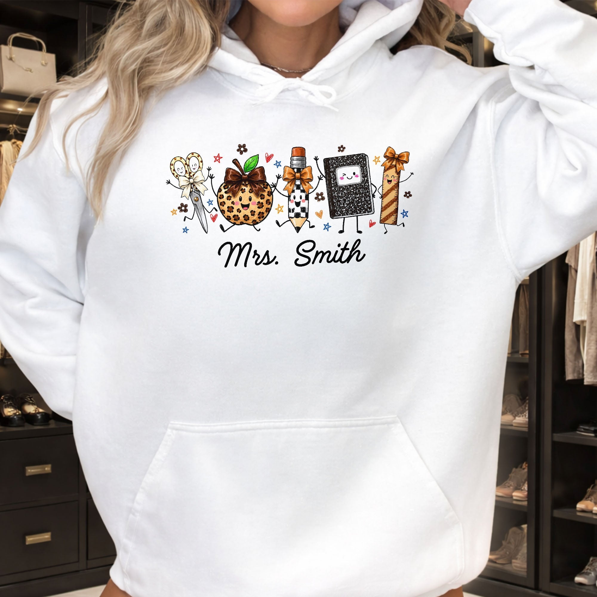 Personalized Teacher T-Shirt Hoodie with Leopard Apple Design
