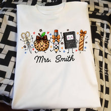 Load image into Gallery viewer, Personalized Teacher T-Shirt Hoodie with Leopard Apple Design
