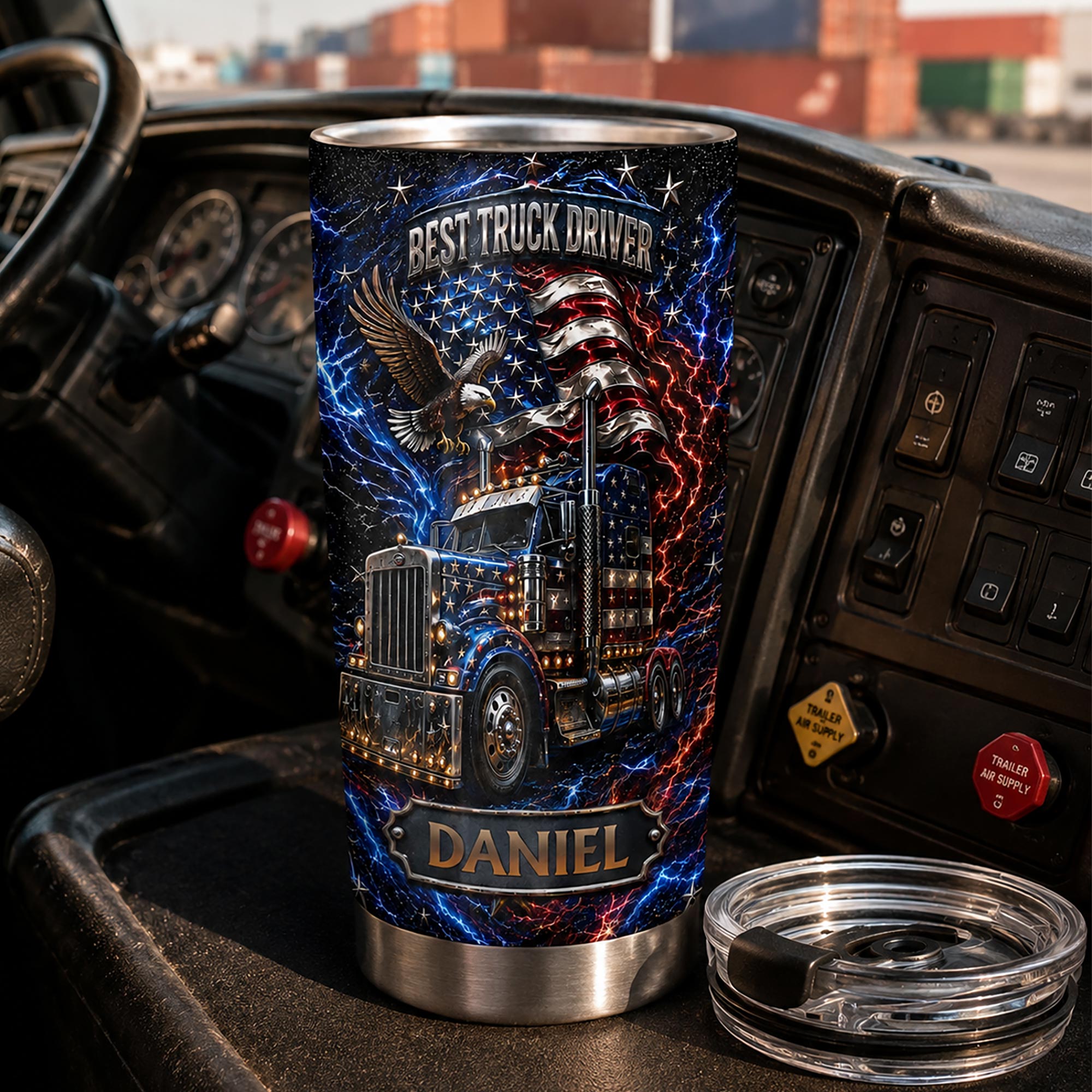 Personalized 20oz Stainless Steel Tumbler for Truck Driver Gift - American Flag & Eagle Design