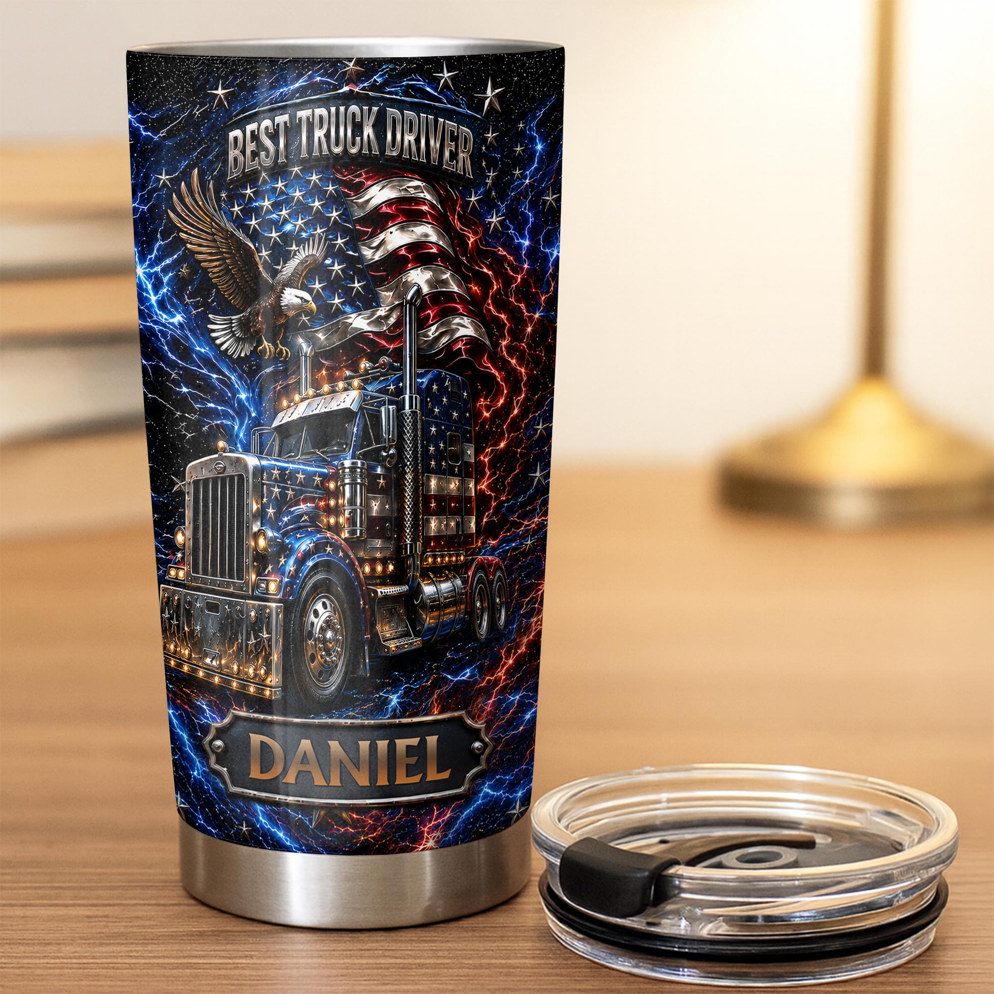 Personalized 20oz Stainless Steel Tumbler for Truck Driver Gift - American Flag & Eagle Design