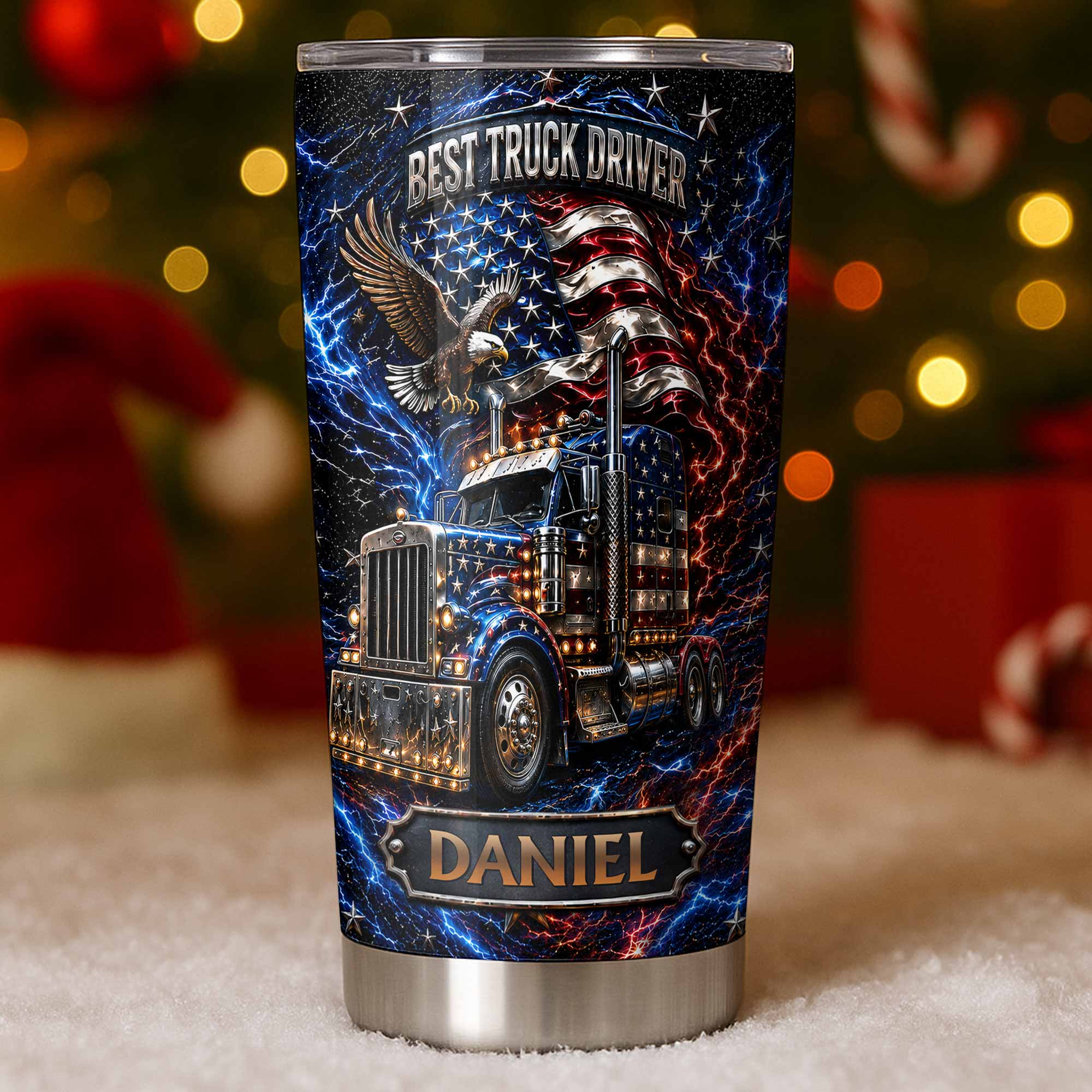 Personalized 20oz Stainless Steel Tumbler for Truck Driver Gift - American Flag & Eagle Design
