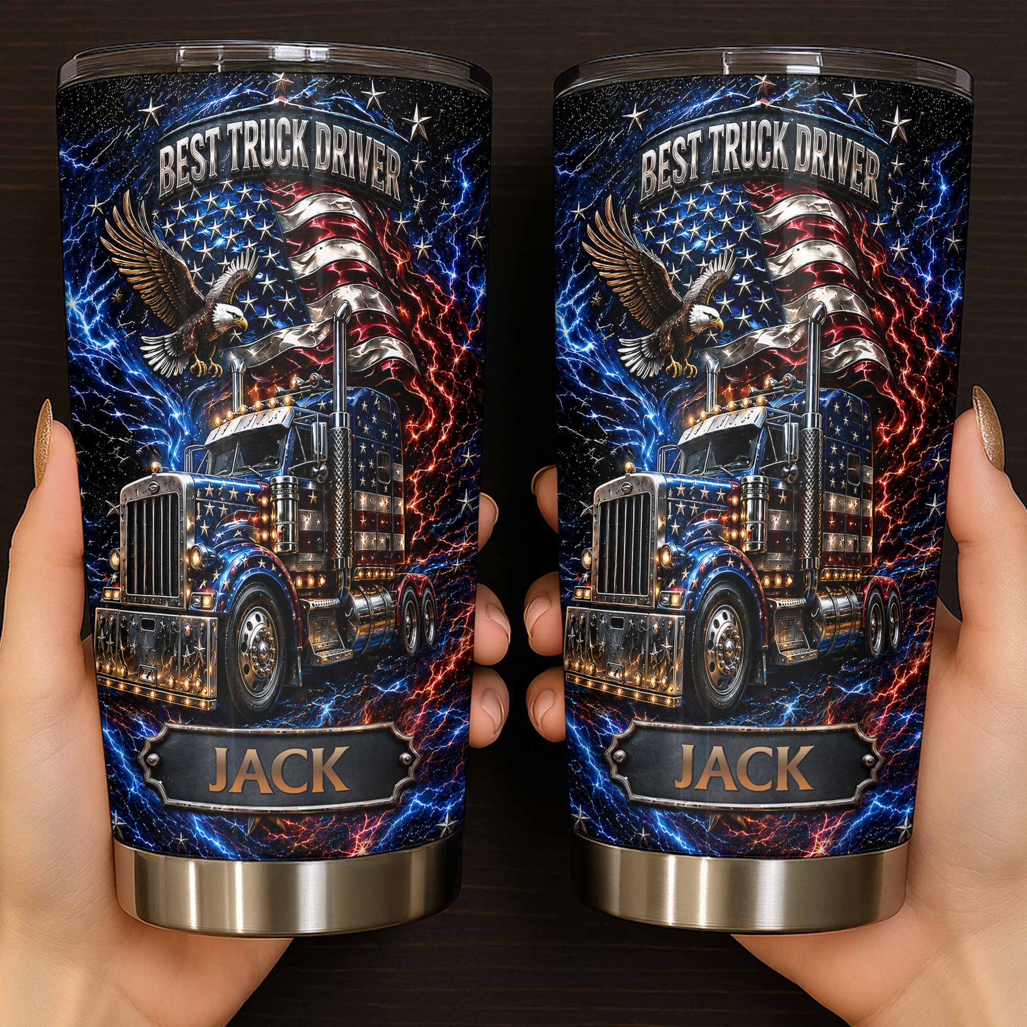 Personalized 20oz Stainless Steel Tumbler for Truck Driver Gift - American Flag & Eagle Design