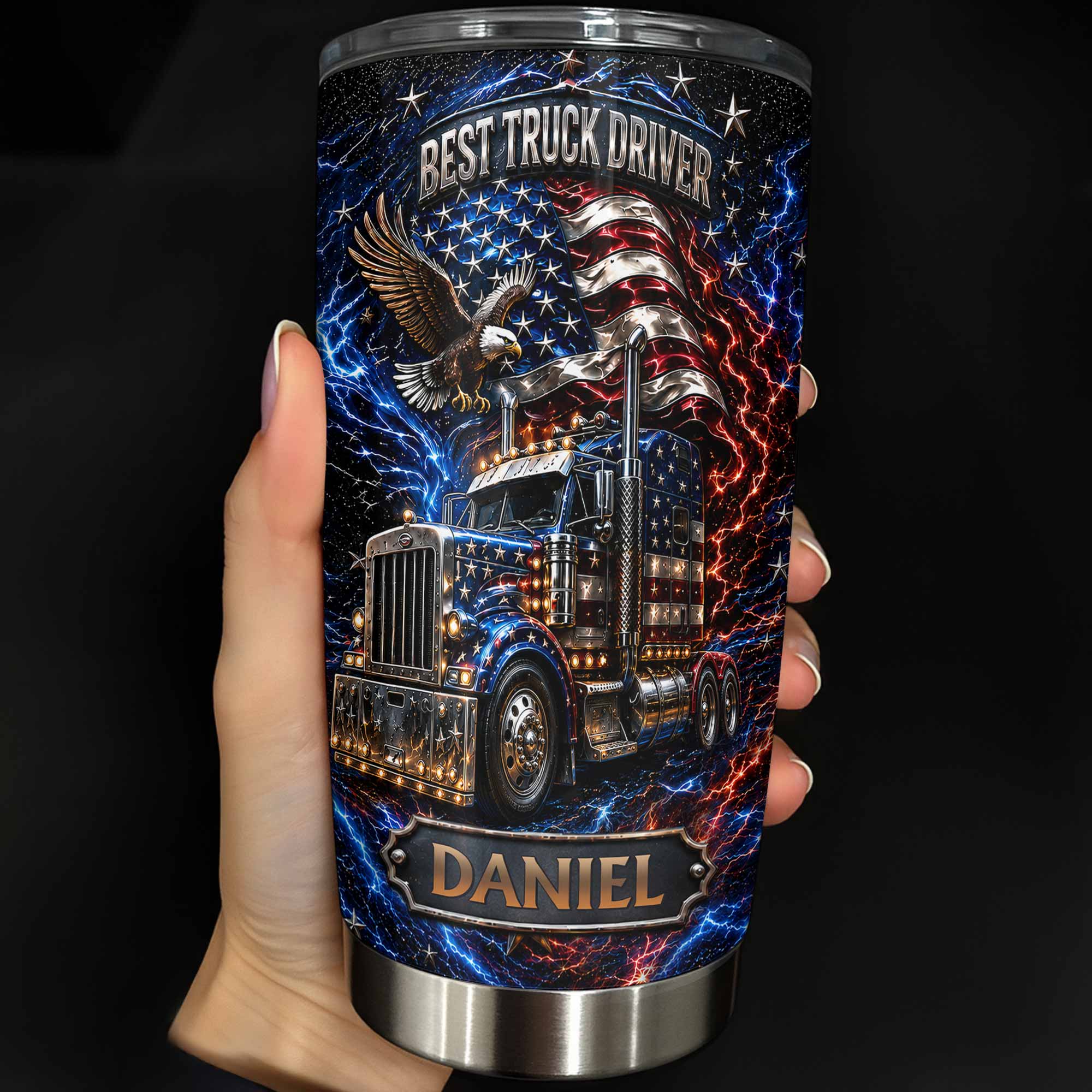 Personalized 20oz Stainless Steel Tumbler for Truck Driver Gift - American Flag & Eagle Design