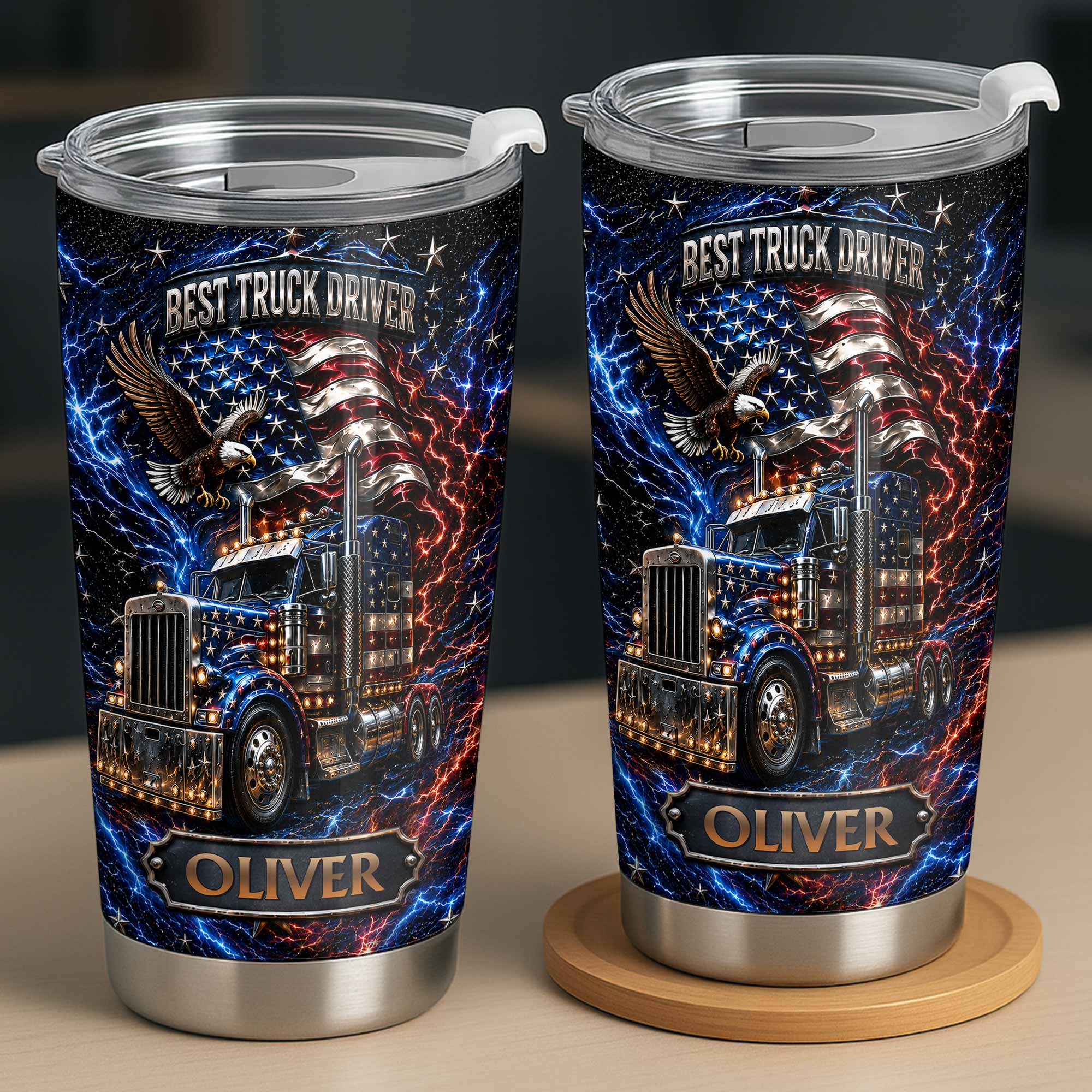 Personalized 20oz Stainless Steel Tumbler for Truck Driver Gift - American Flag & Eagle Design