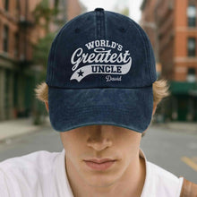 Load image into Gallery viewer, Personalized Washed Denim Cap World's Greatest Uncle Gift
