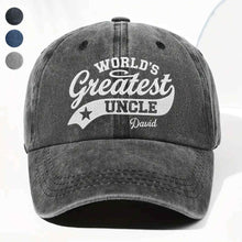 Load image into Gallery viewer, Personalized Washed Denim Cap World's Greatest Uncle Gift
