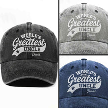 Load image into Gallery viewer, Personalized Washed Denim Cap World's Greatest Uncle Gift

