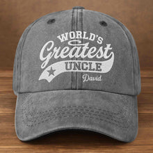 Load image into Gallery viewer, Personalized Washed Denim Cap World's Greatest Uncle Gift
