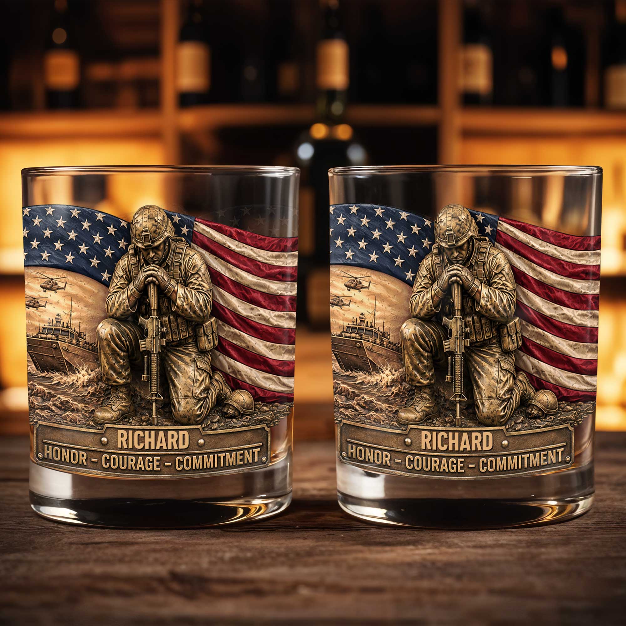 Personalized Custom Whiskey Glass with American Flag Gift for Dad