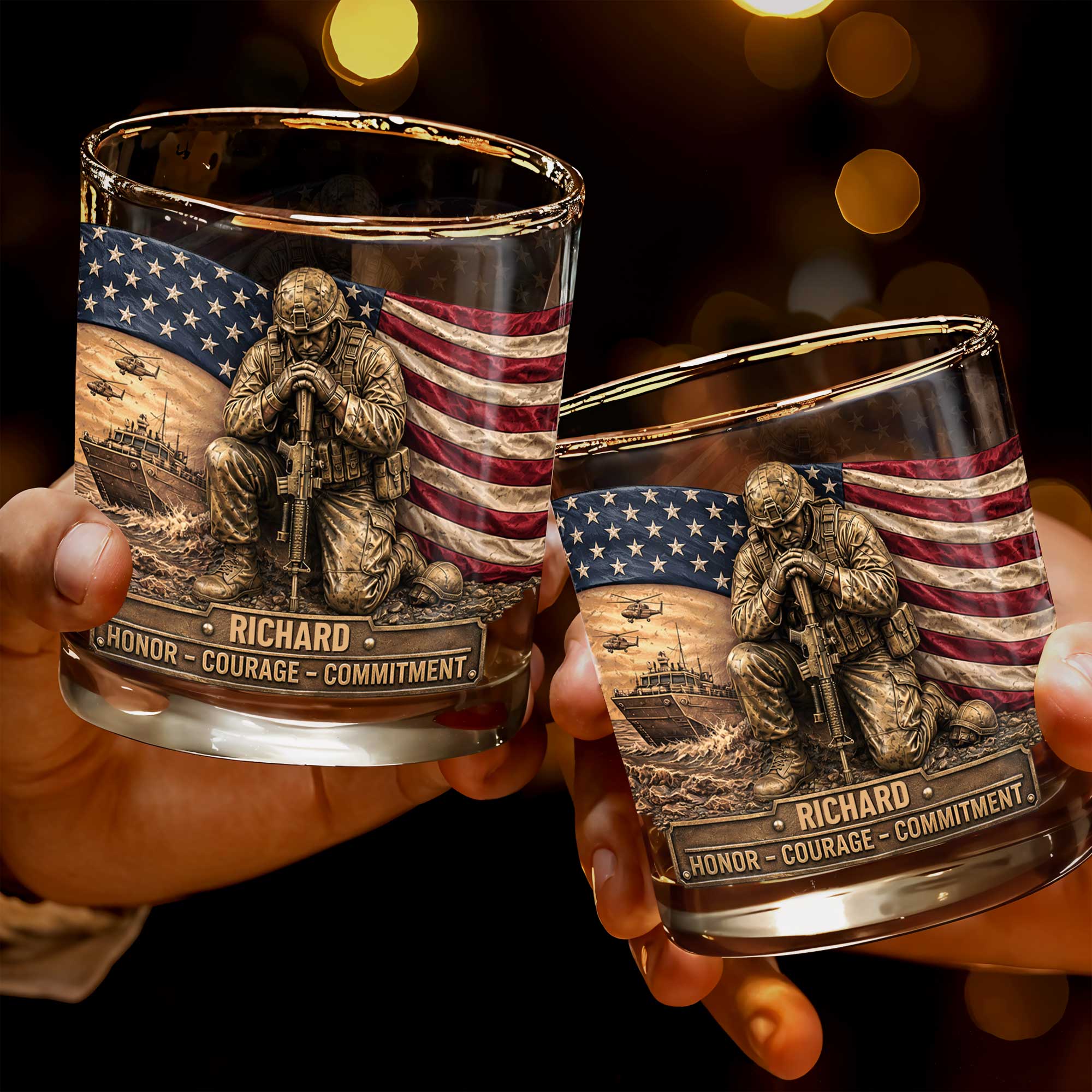Personalized Custom Whiskey Glass with American Flag Gift for Dad