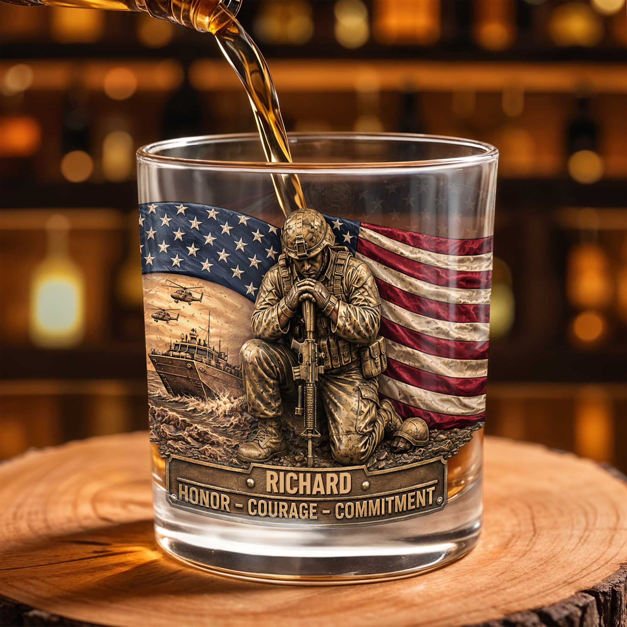 Personalized Custom Whiskey Glass with American Flag Gift for Dad