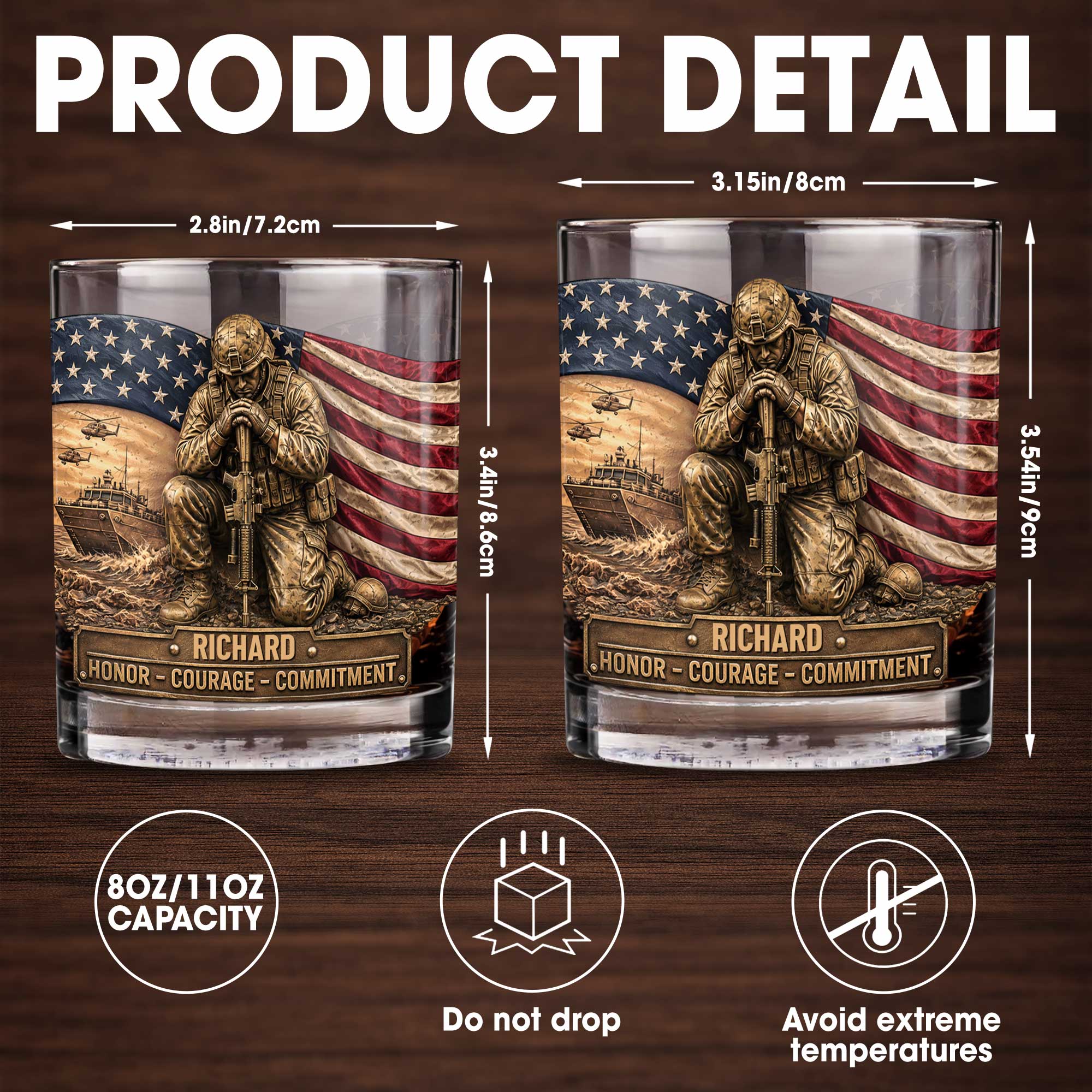 Personalized Custom Whiskey Glass with American Flag Gift for Dad