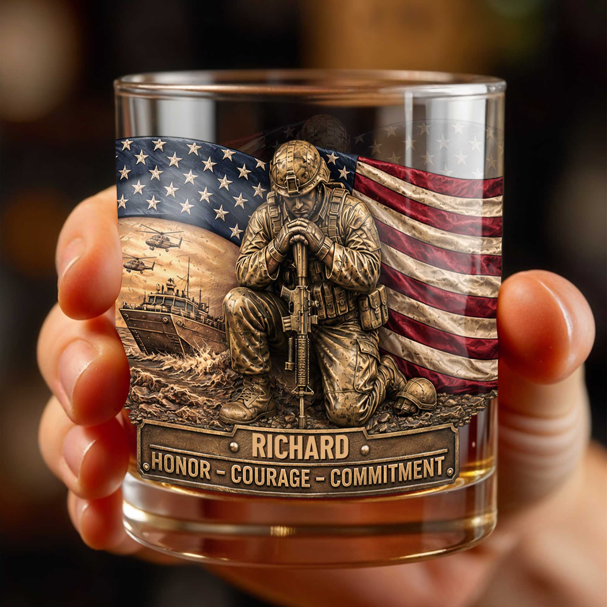 Personalized Custom Whiskey Glass with American Flag Gift for Dad