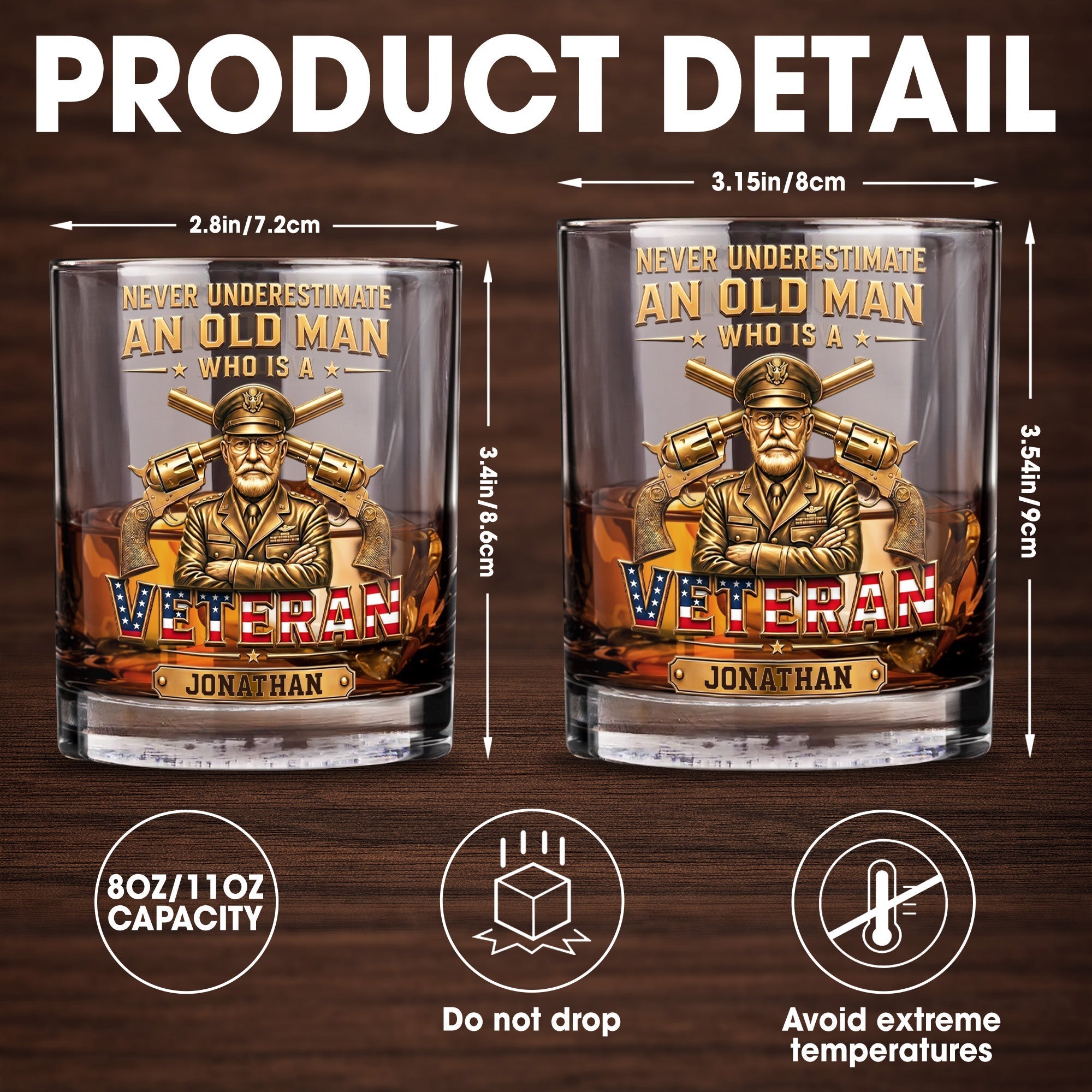 Personalized Custom Whiskey Glass Veteran Gift for Dad