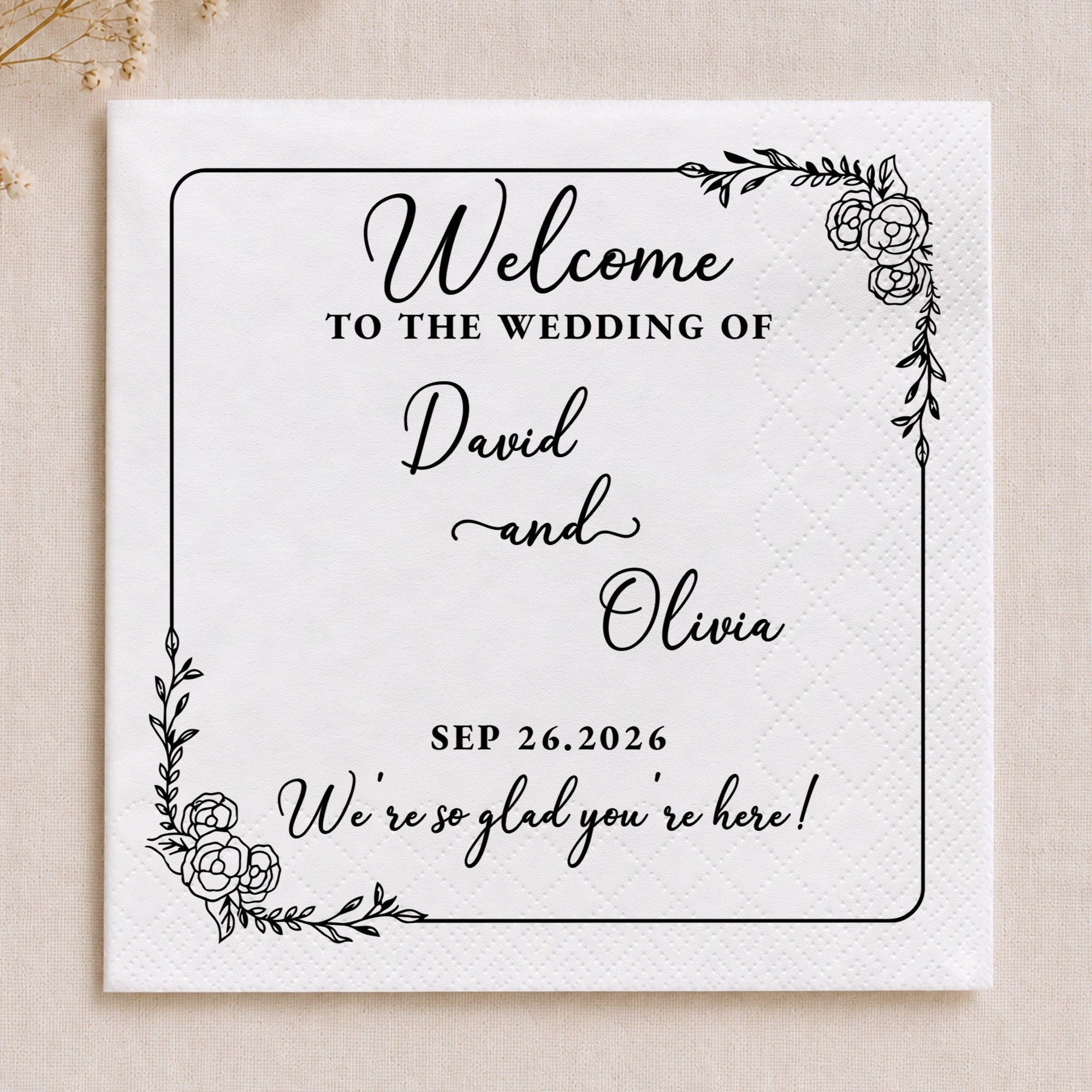 Personalized Floral Cocktail Napkins Custom Wedding Name Gift