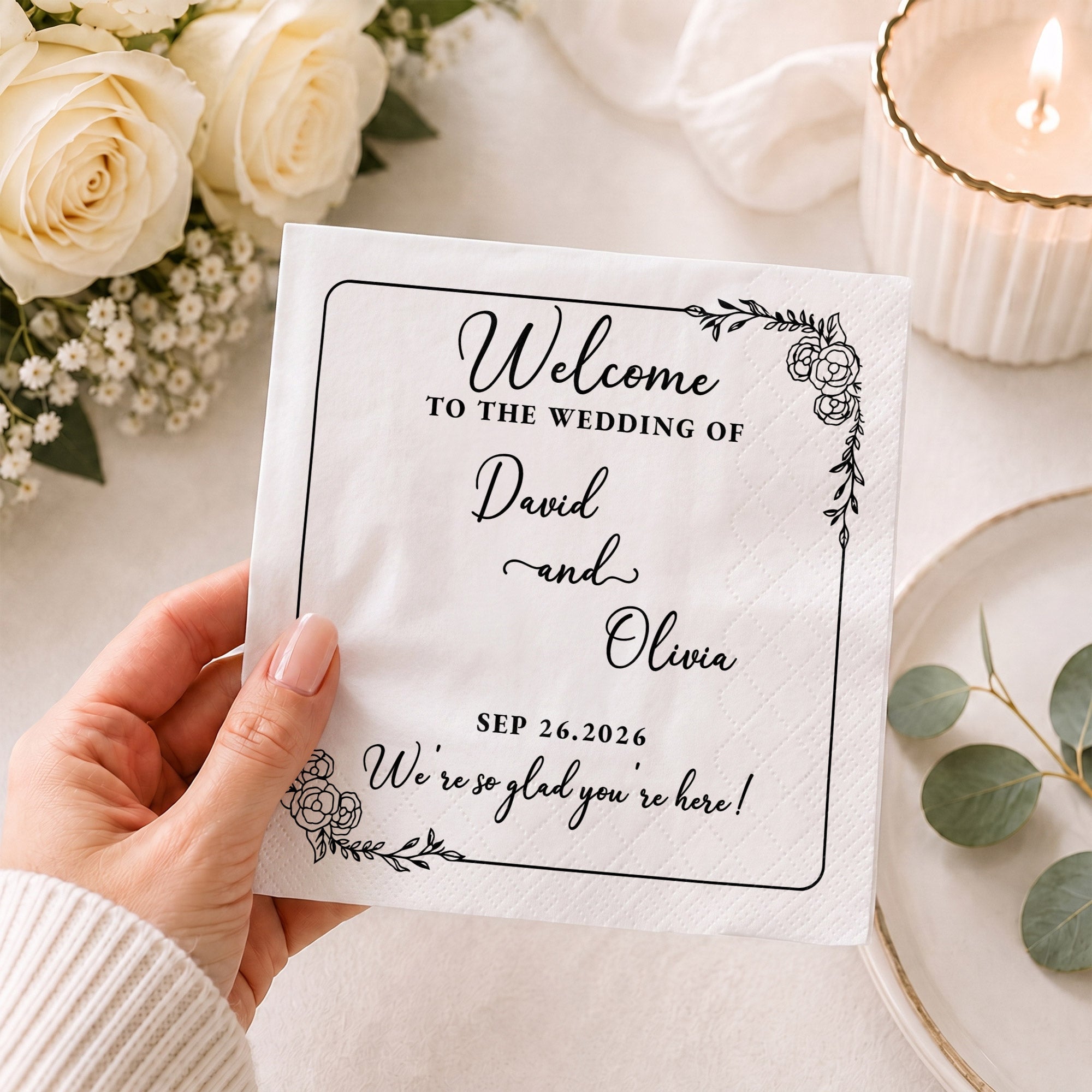 Personalized Floral Cocktail Napkins Custom Wedding Name Gift