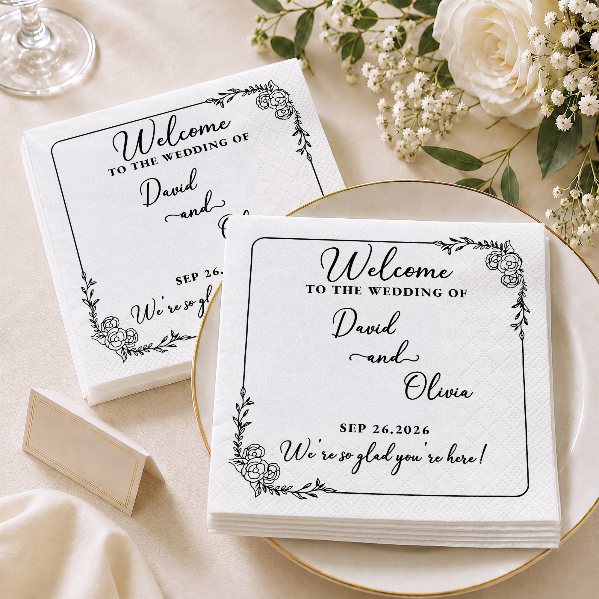 Personalized Floral Cocktail Napkins Custom Wedding Name Gift