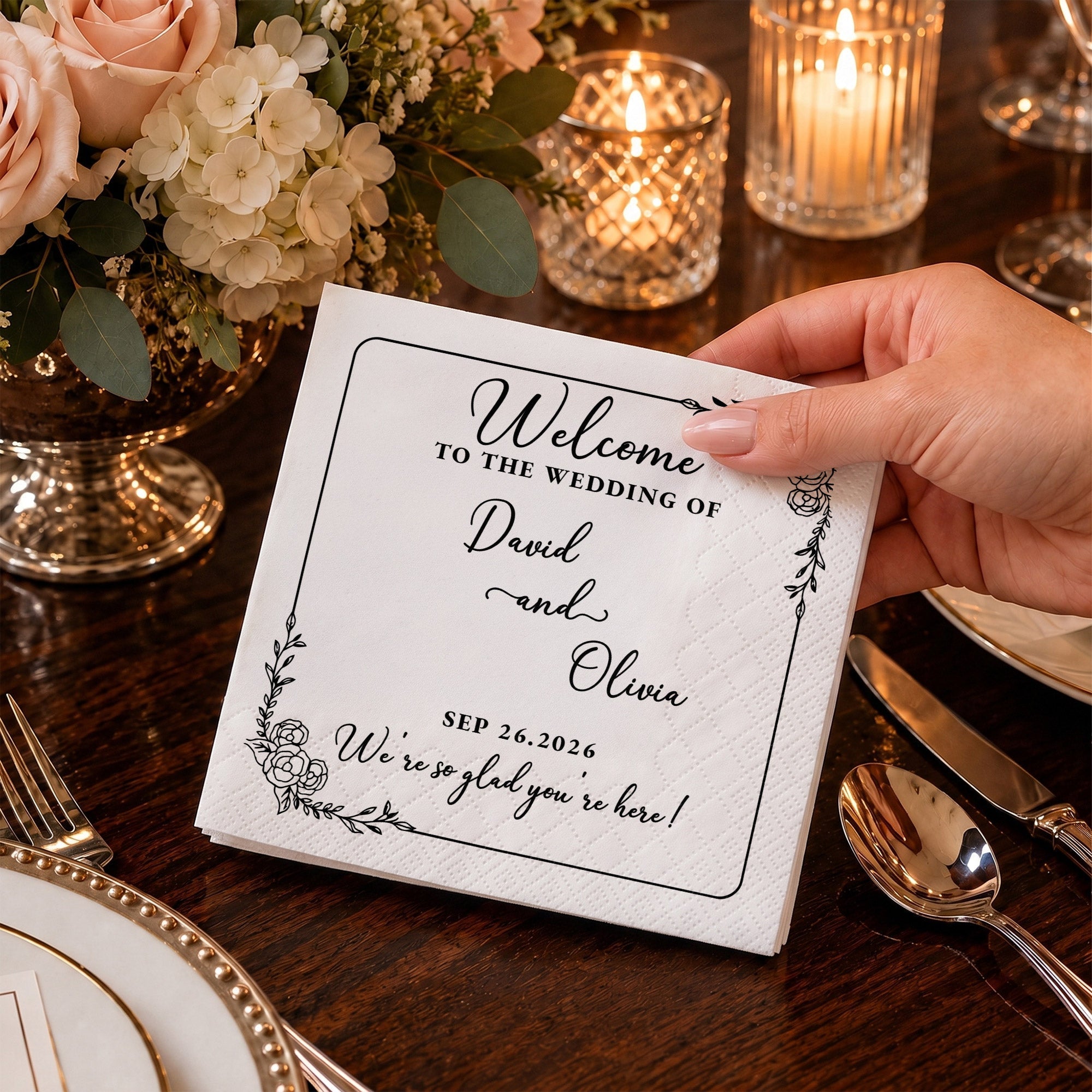 Personalized Floral Cocktail Napkins Custom Wedding Name Gift