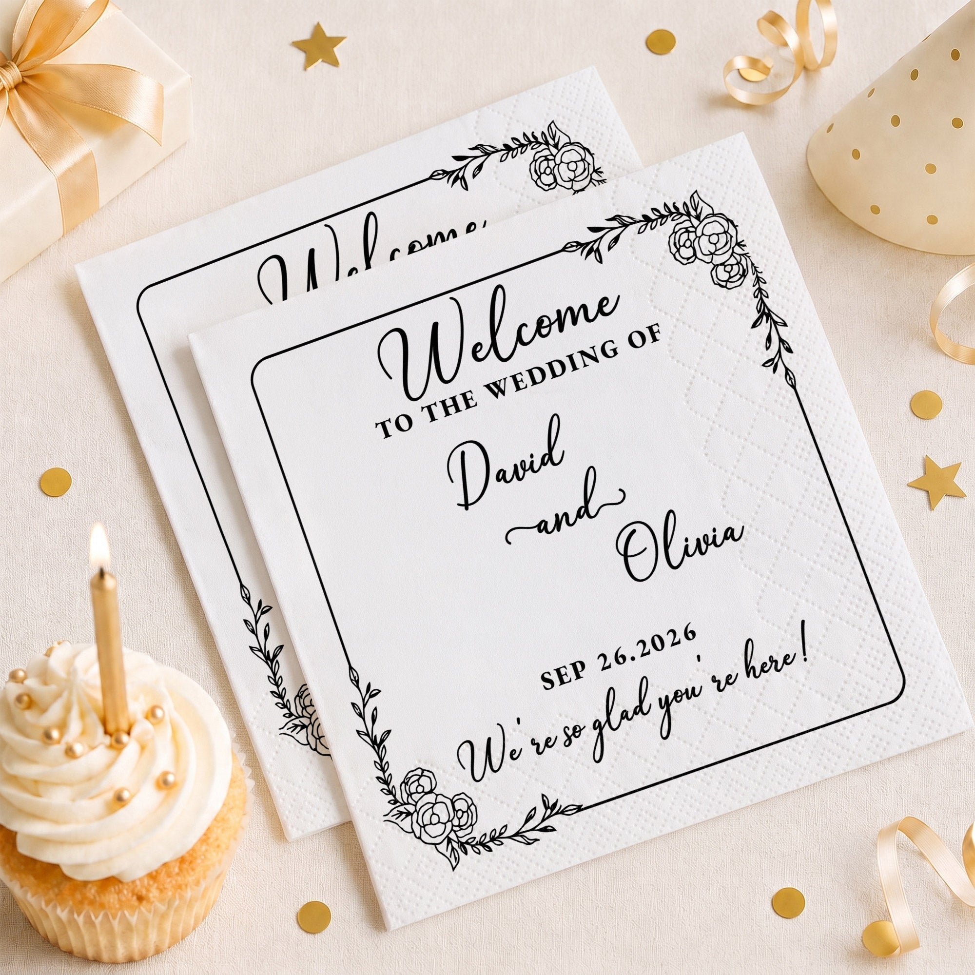 Personalized Floral Cocktail Napkins Custom Wedding Name Gift