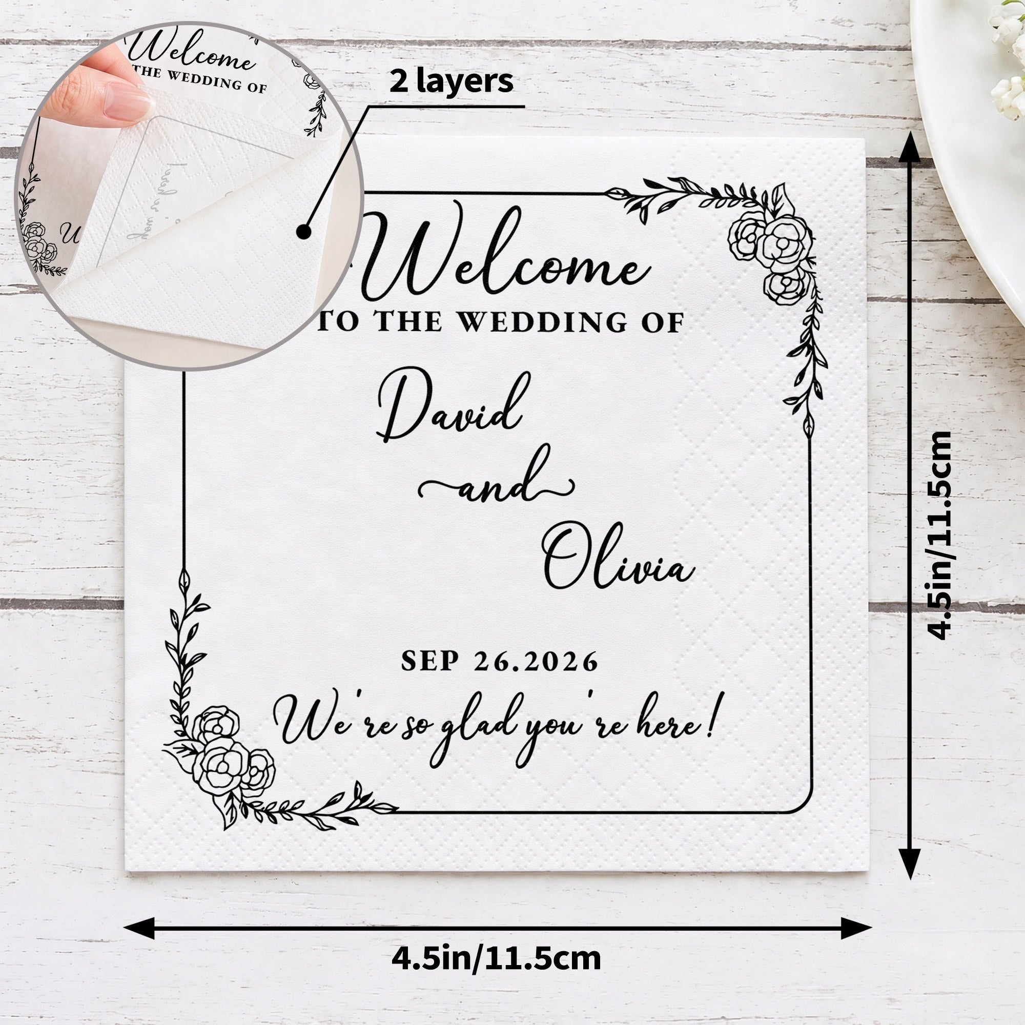 Personalized Floral Cocktail Napkins Custom Wedding Name Gift