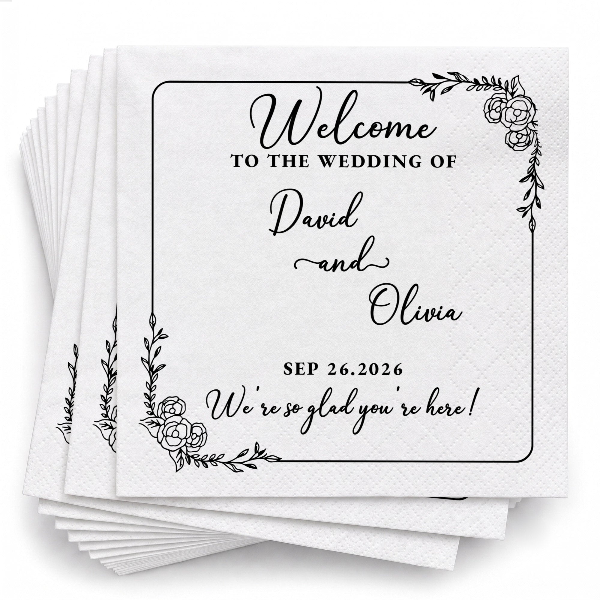 Personalized Floral Cocktail Napkins Custom Wedding Name Gift