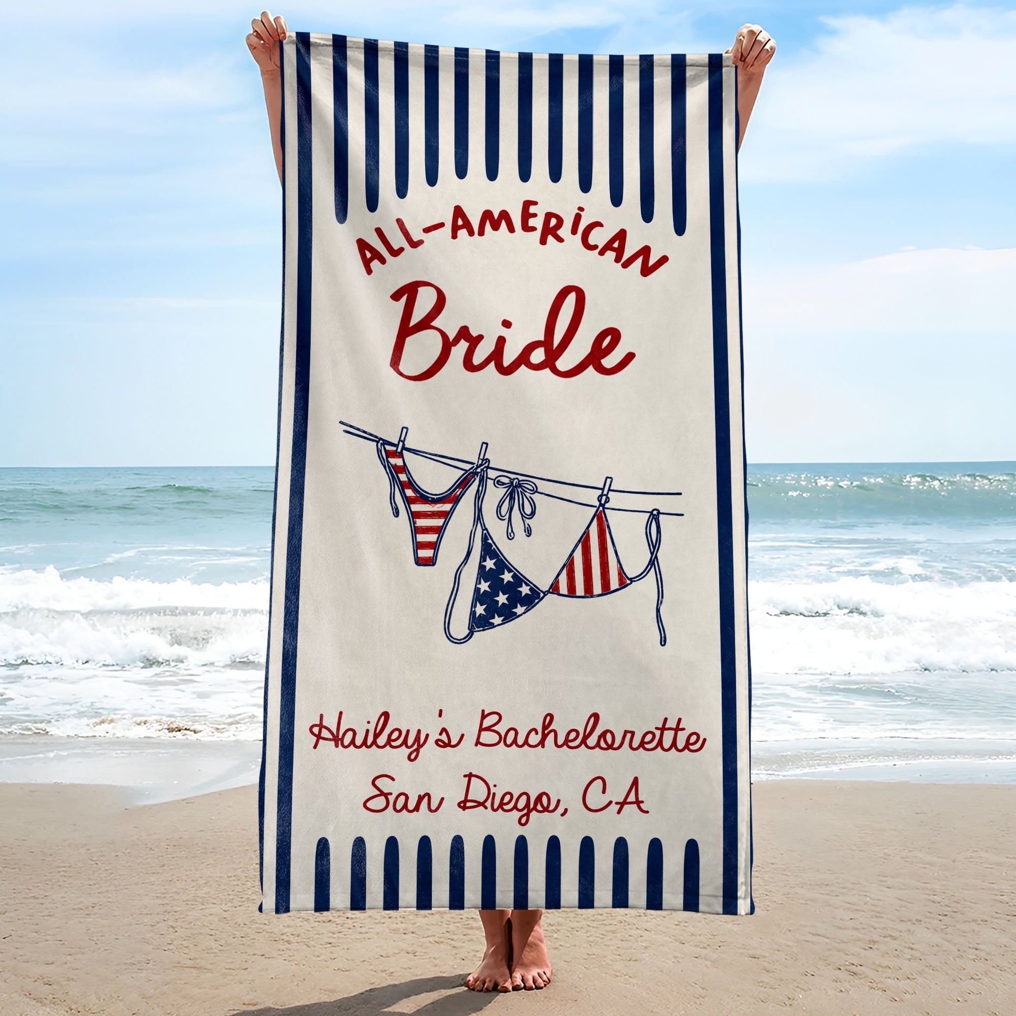 Personalized All-American Bride Beach Towel with USA Flag Gift for Bachelorette
