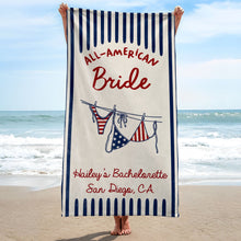 Load image into Gallery viewer, Personalized All-American Bride Beach Towel with USA Flag Gift for Bachelorette
