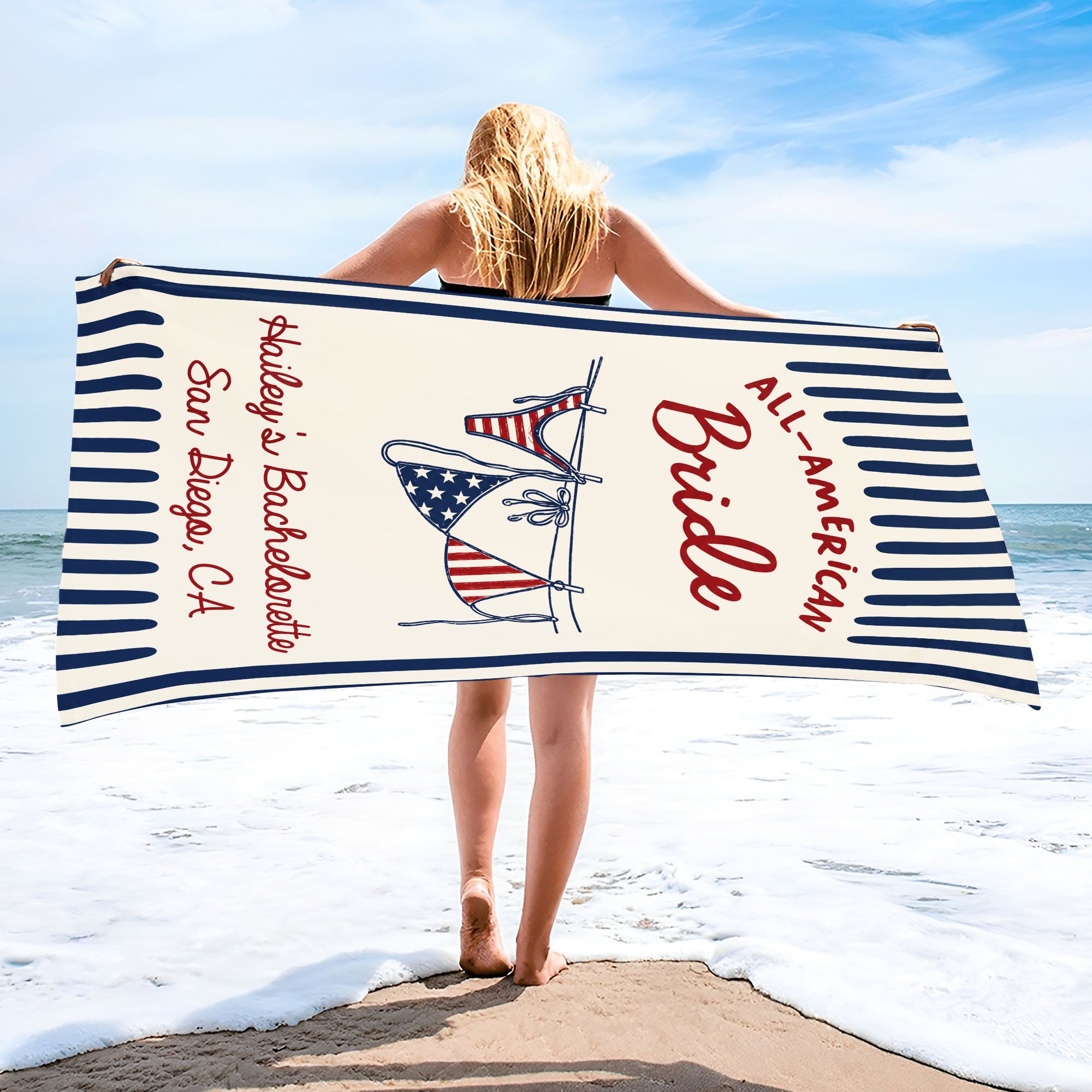 Personalized All-American Bride Beach Towel with USA Flag Gift for Bachelorette