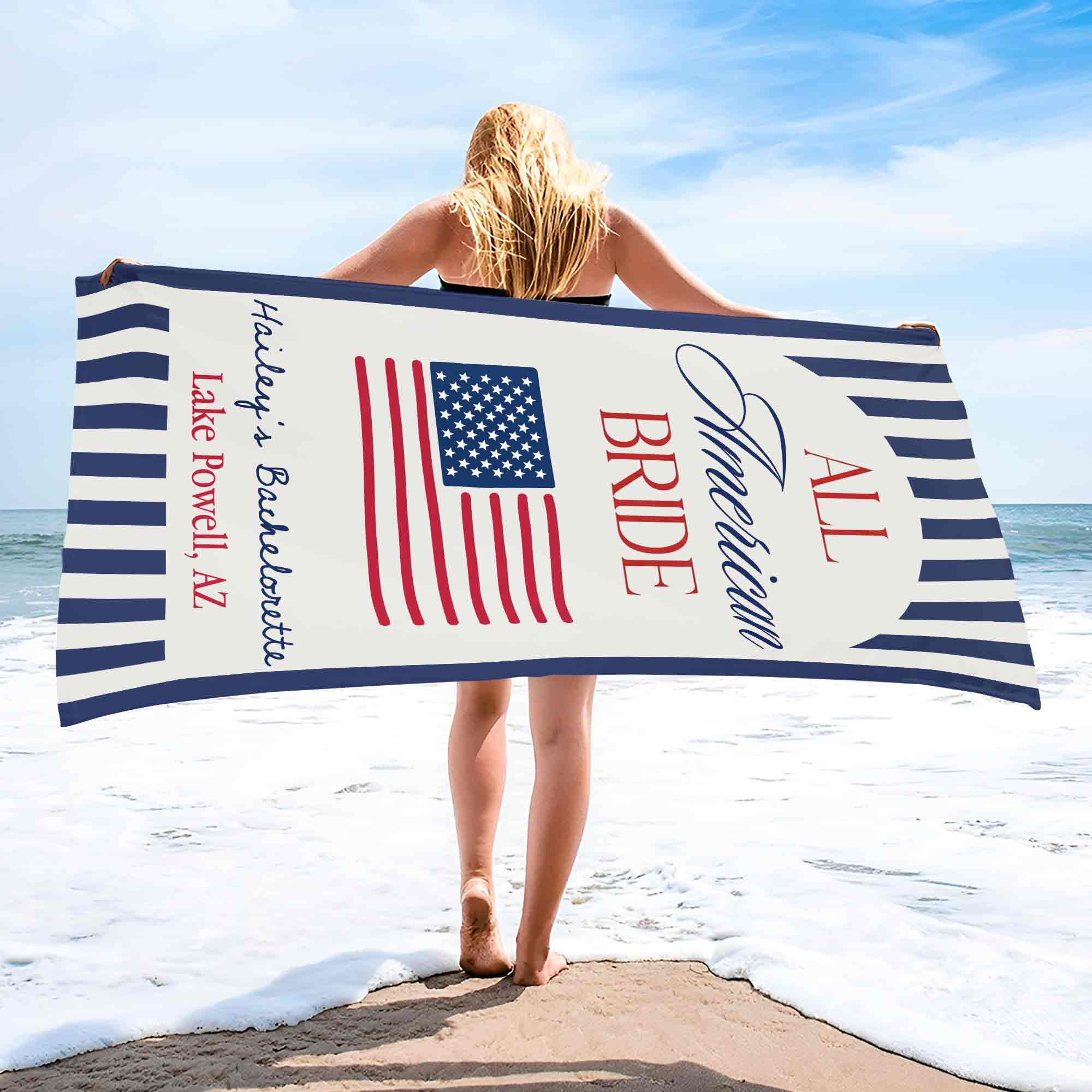 Personalized Beach Towel USA Flag Bridal Gift Custom Name