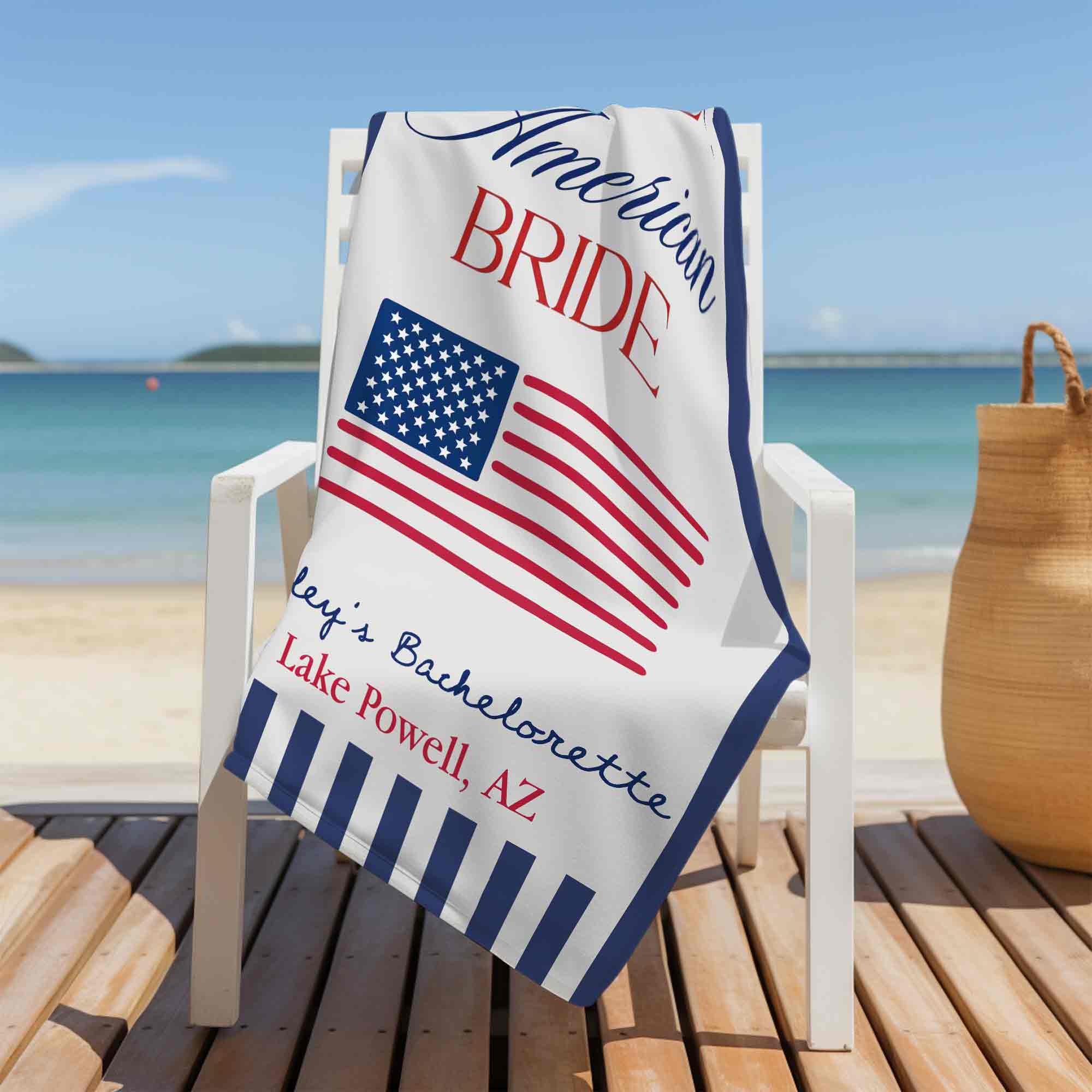 Personalized Beach Towel USA Flag Bridal Gift Custom Name