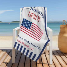 Load image into Gallery viewer, Personalized Beach Towel USA Flag Bridal Gift Custom Name
