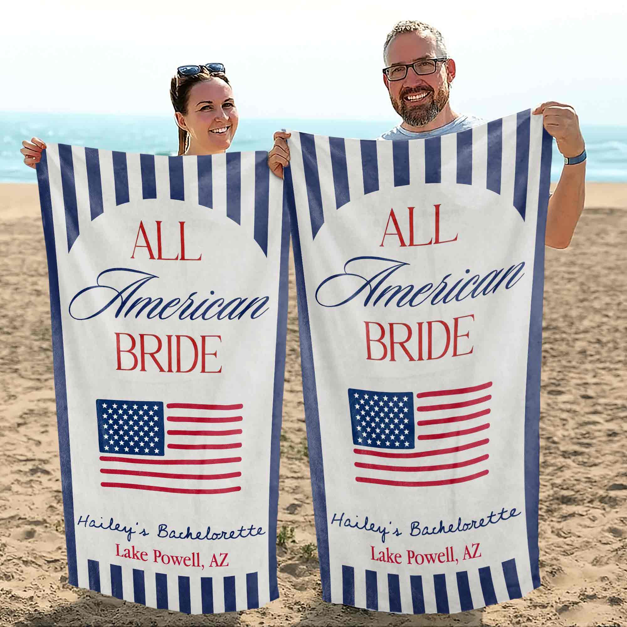 Personalized Beach Towel USA Flag Bridal Gift Custom Name