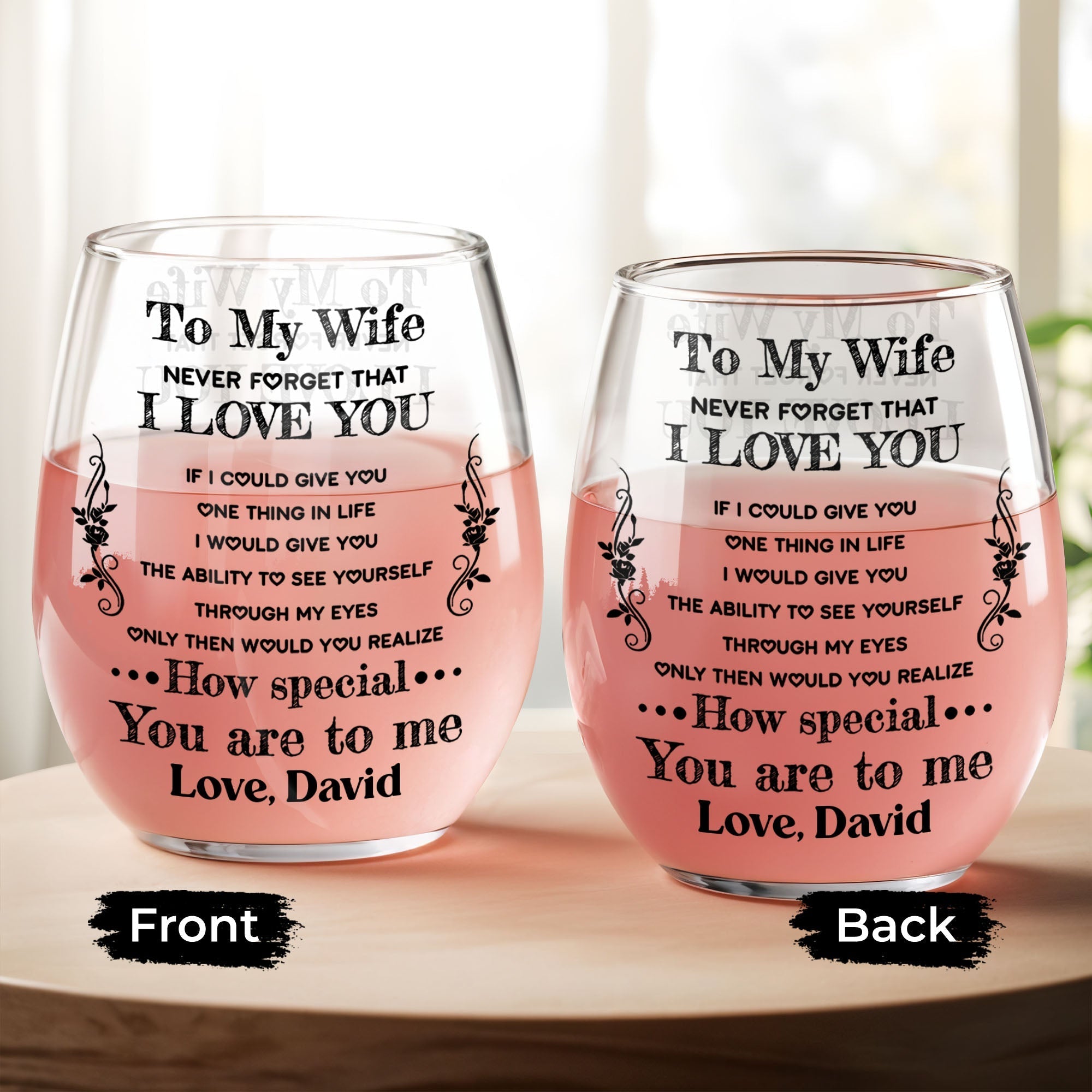 Personalized Stemless Wine Glass Custom Text Gift for Wife