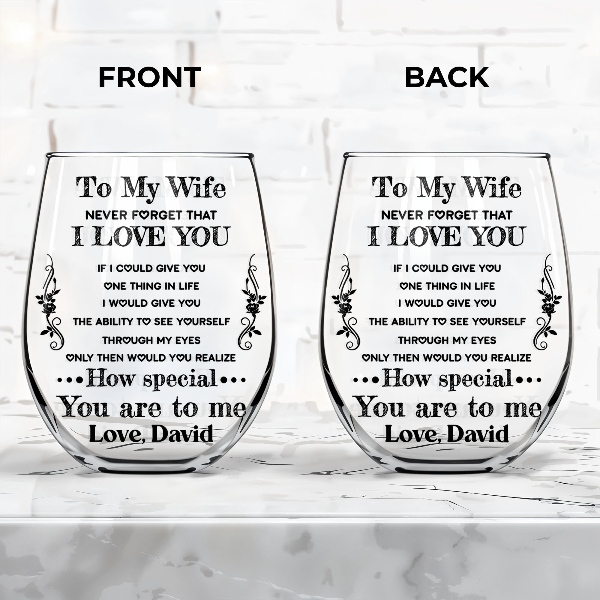 Personalized Stemless Wine Glass Custom Text Gift for Wife