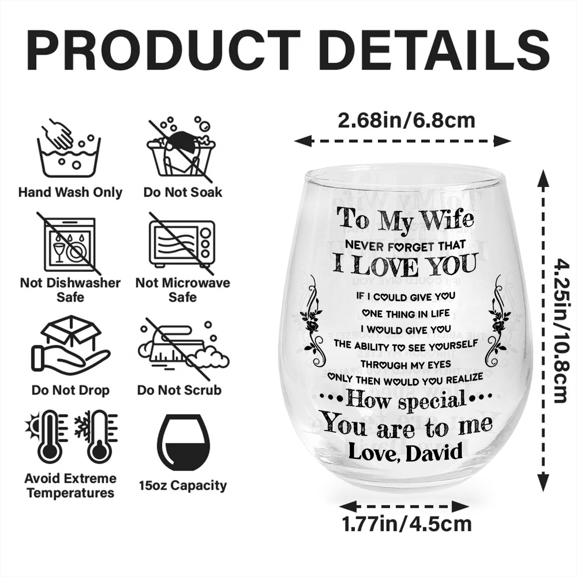 Personalized Stemless Wine Glass Custom Text Gift for Wife