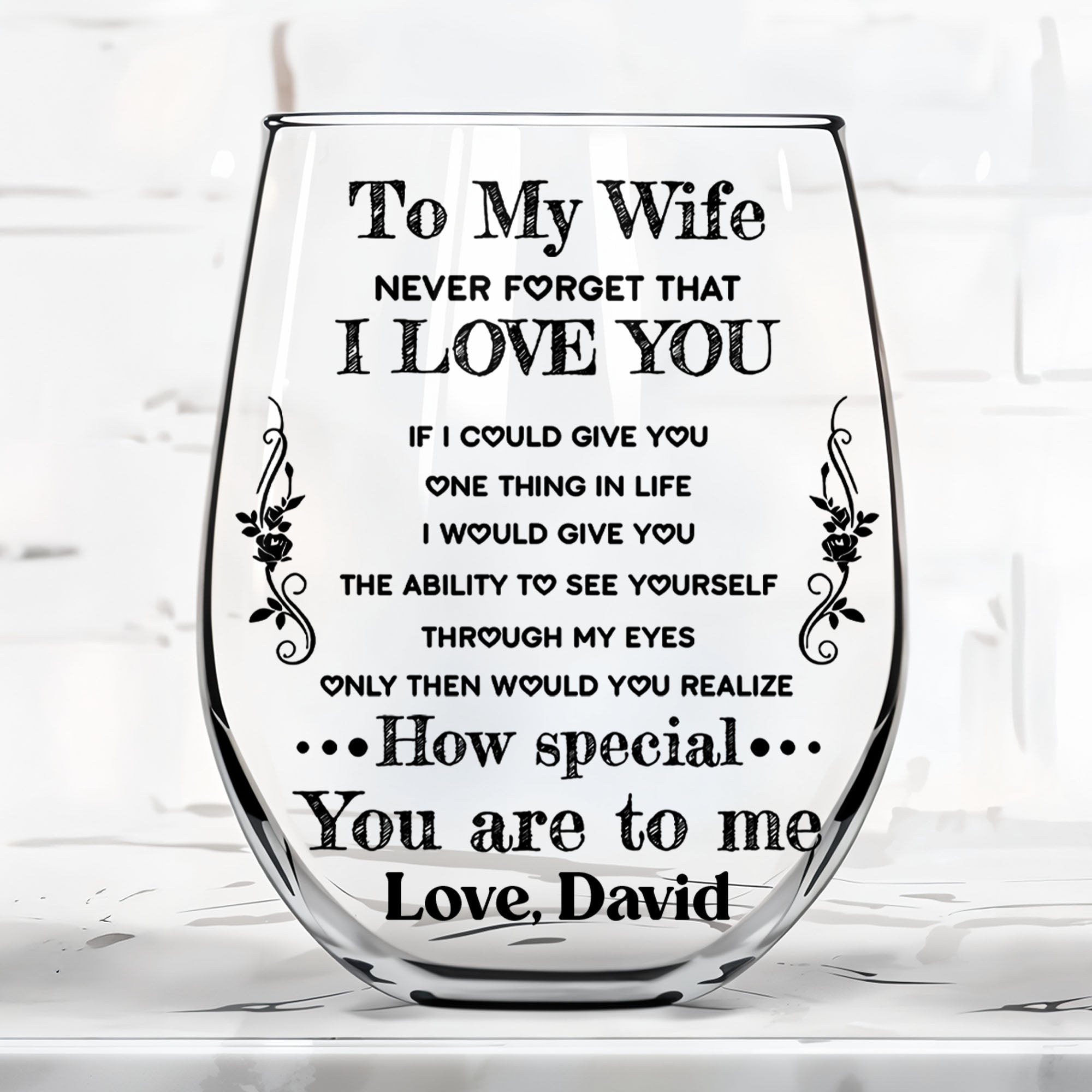 Personalized Stemless Wine Glass Custom Text Gift for Wife