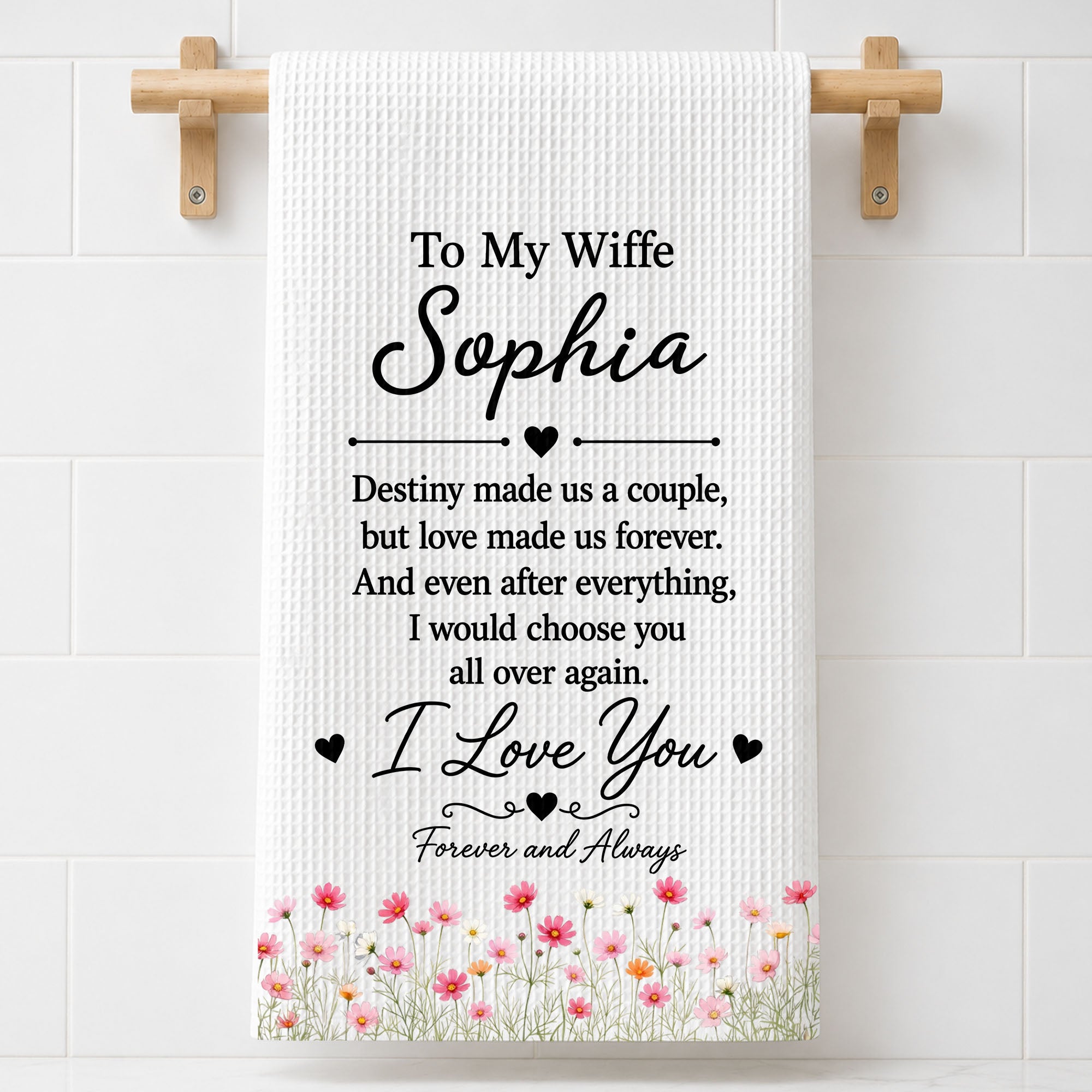 Personalized Floral Heart Kitchen Towel Custom Gift for Wife