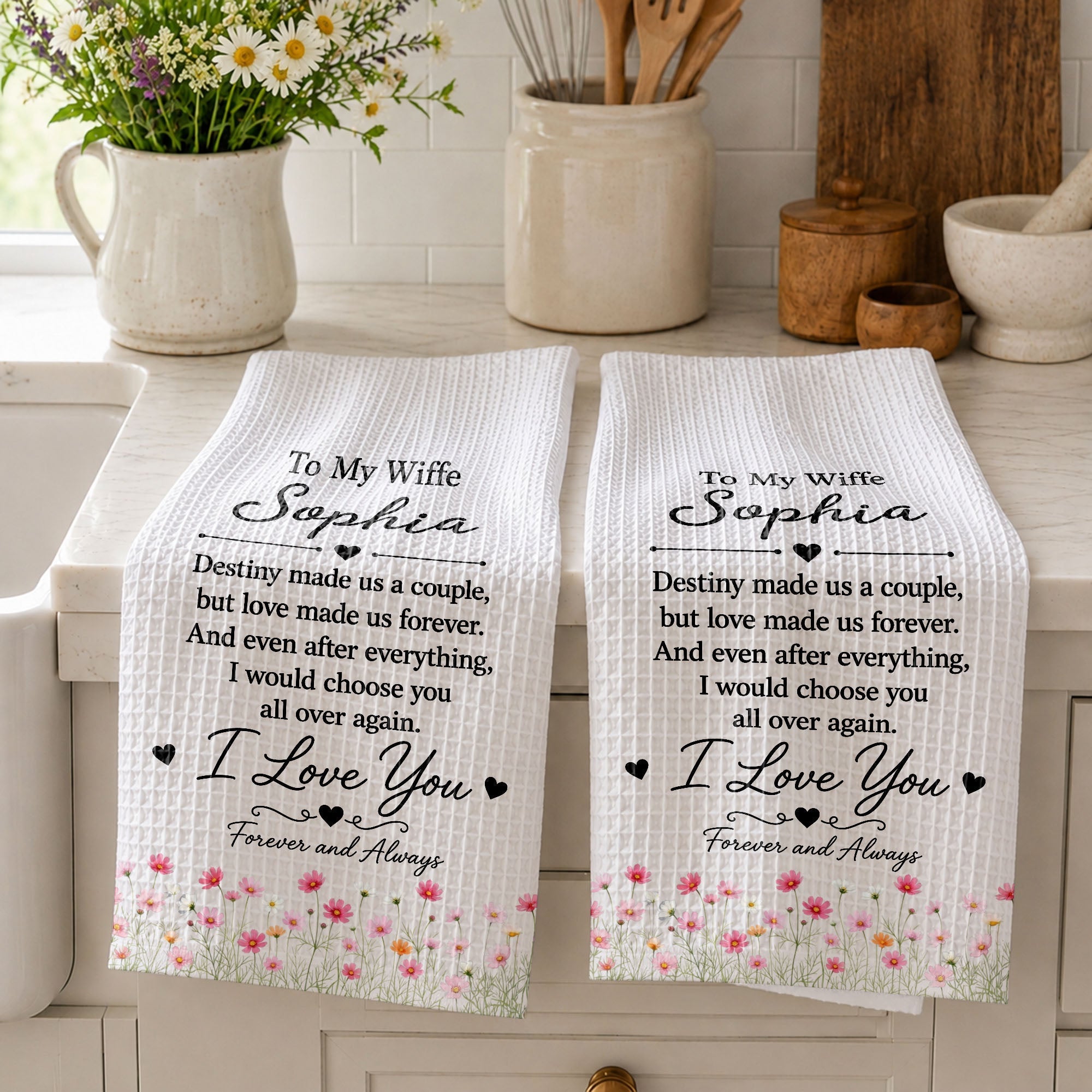 Personalized Floral Heart Kitchen Towel Custom Gift for Wife