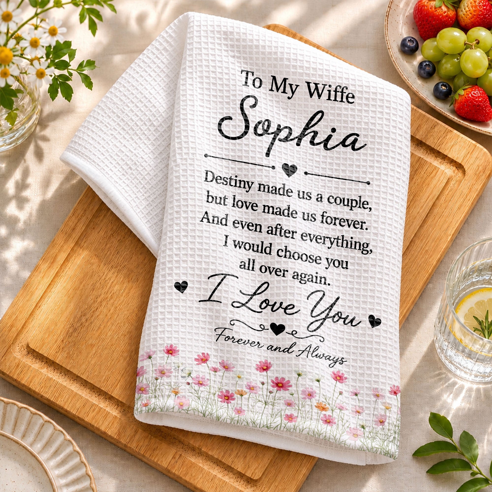 Personalized Floral Heart Kitchen Towel Custom Gift for Wife