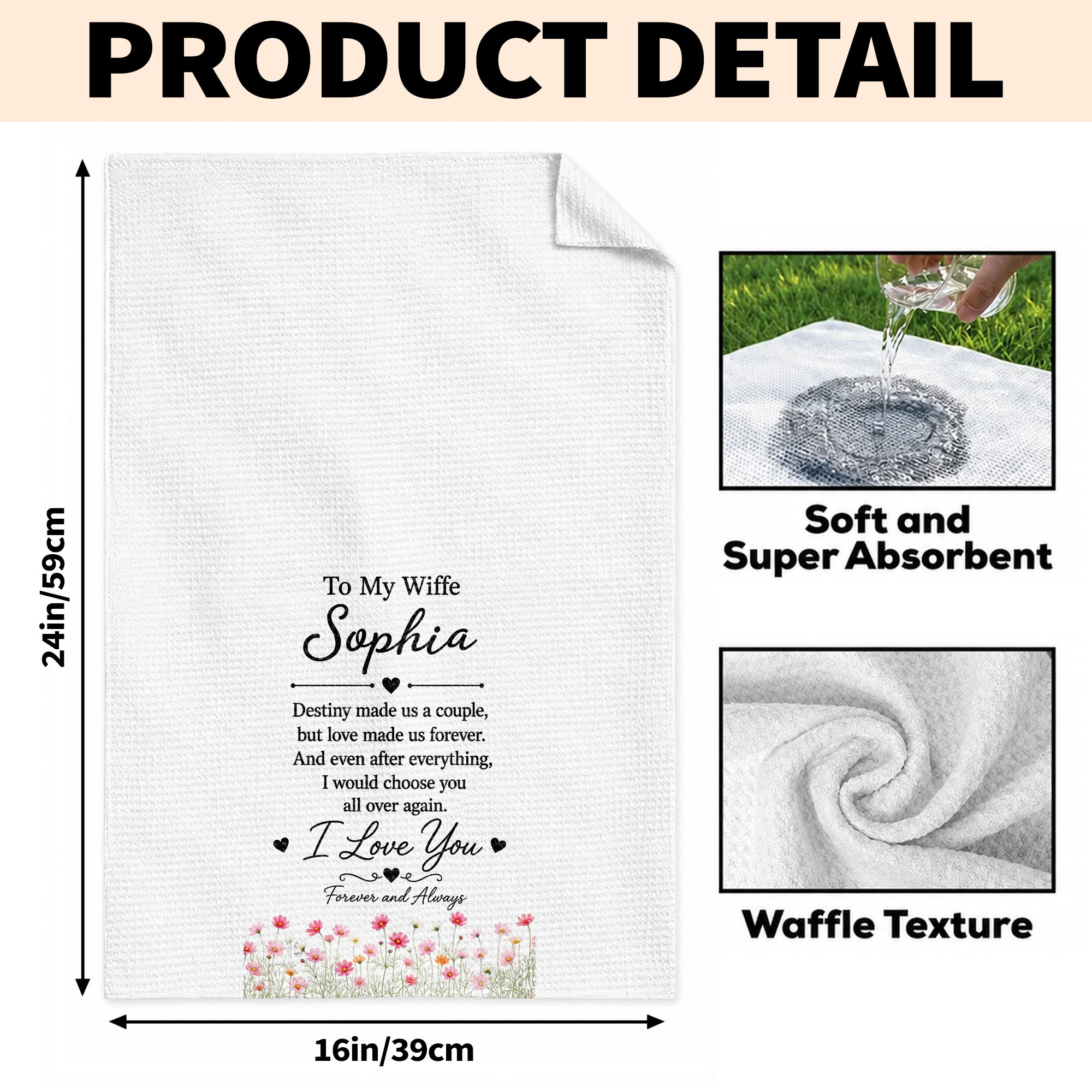 Personalized Floral Heart Kitchen Towel Custom Gift for Wife